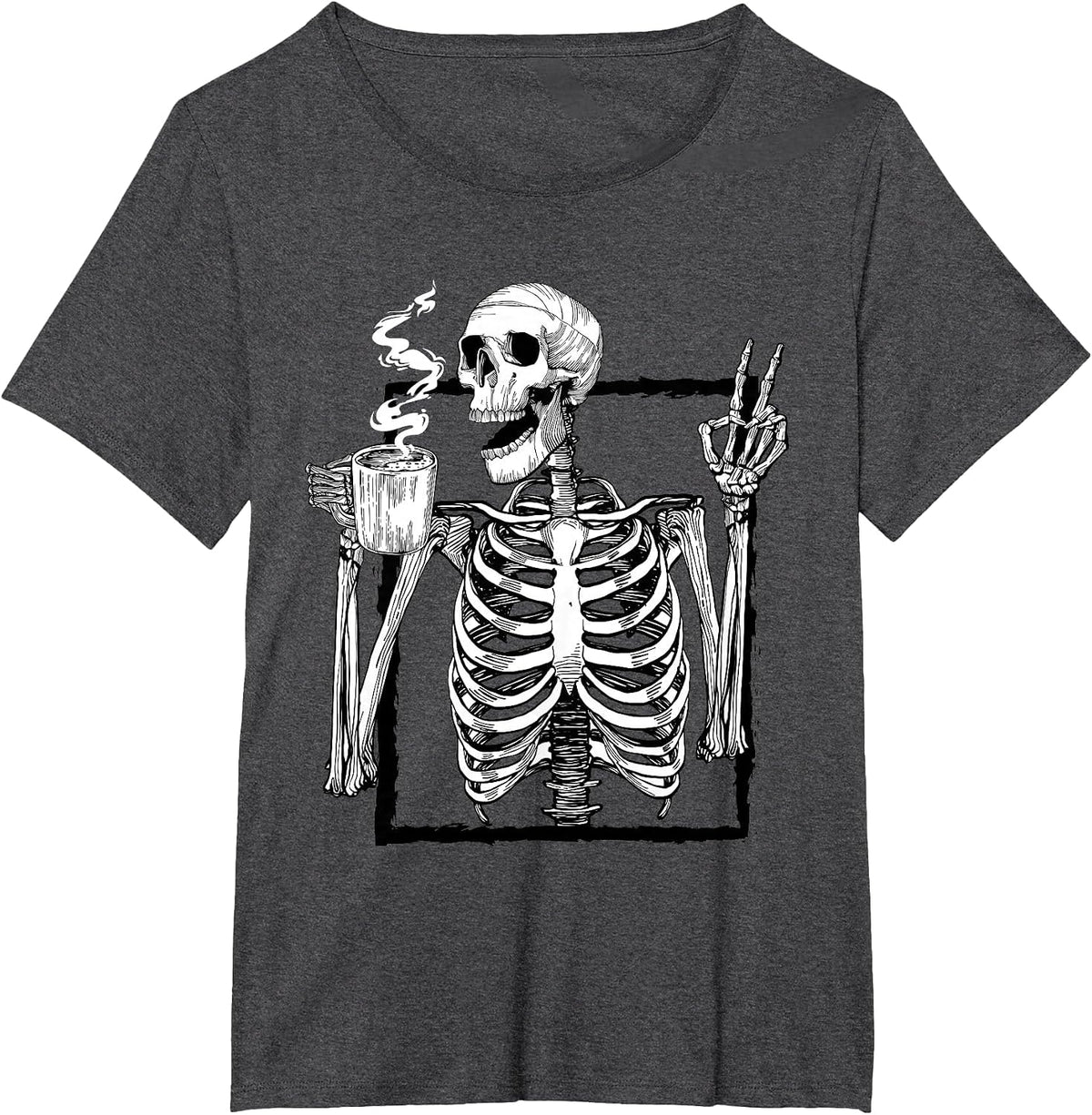 Skeleton Drinking Coffee Peace Halloween Grunge Aesthetic T-Shirt - Dark Heather Grey
