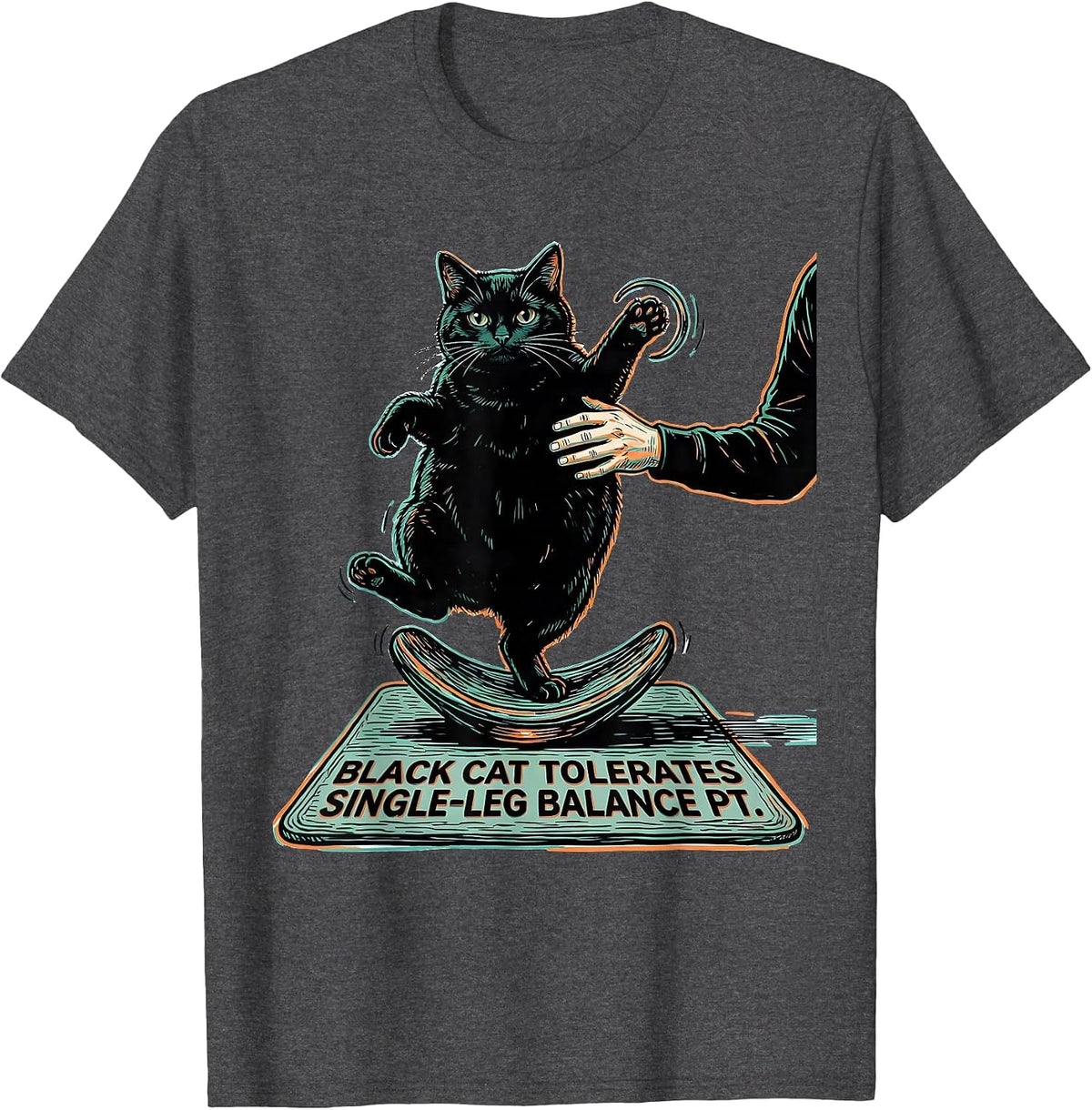 Black Cat Tolerates Single-Leg Balance PT Halloween T-Shirt - Dark Heather Grey