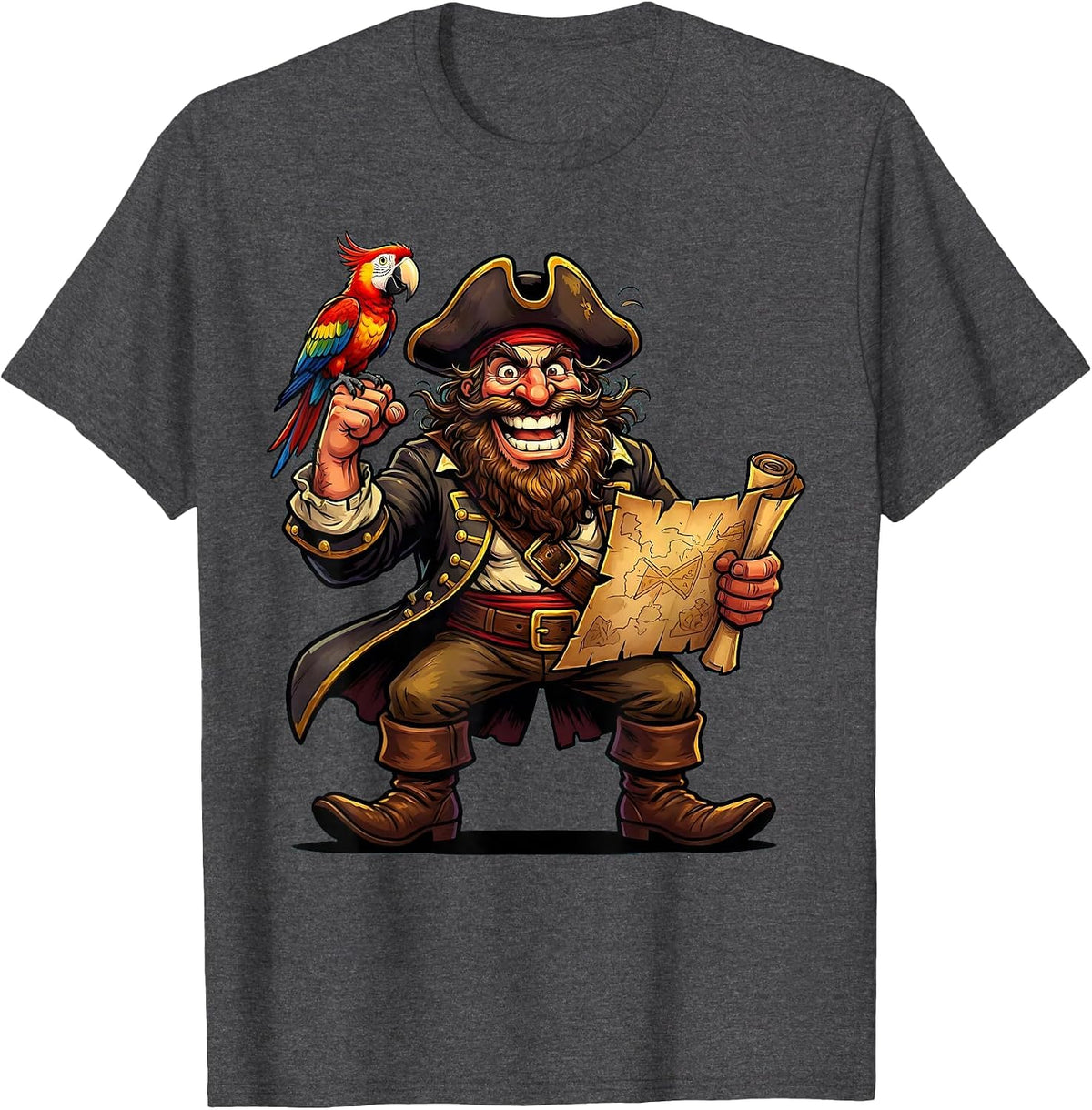 Men's Bearded Pirate Parrot and Treasure Map Graphic T-Shirt - Dark Heather Grey