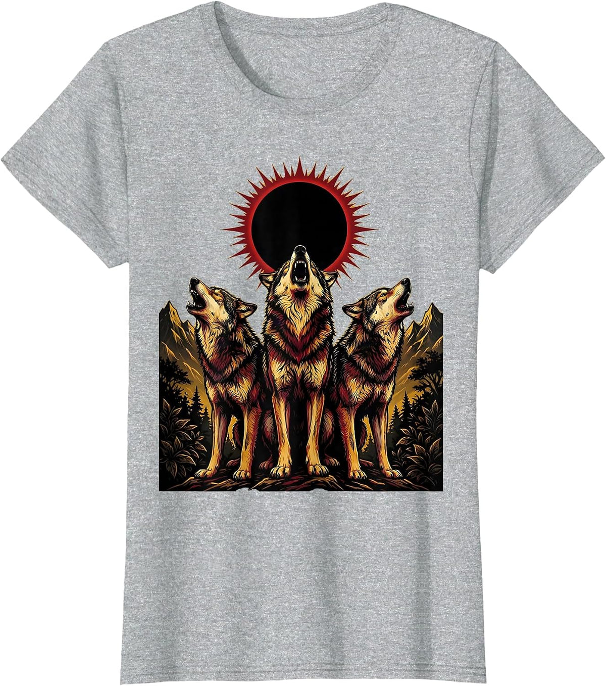 Three Wolves Howling at Eclipse Graphic T-Shirt - Heather Grey