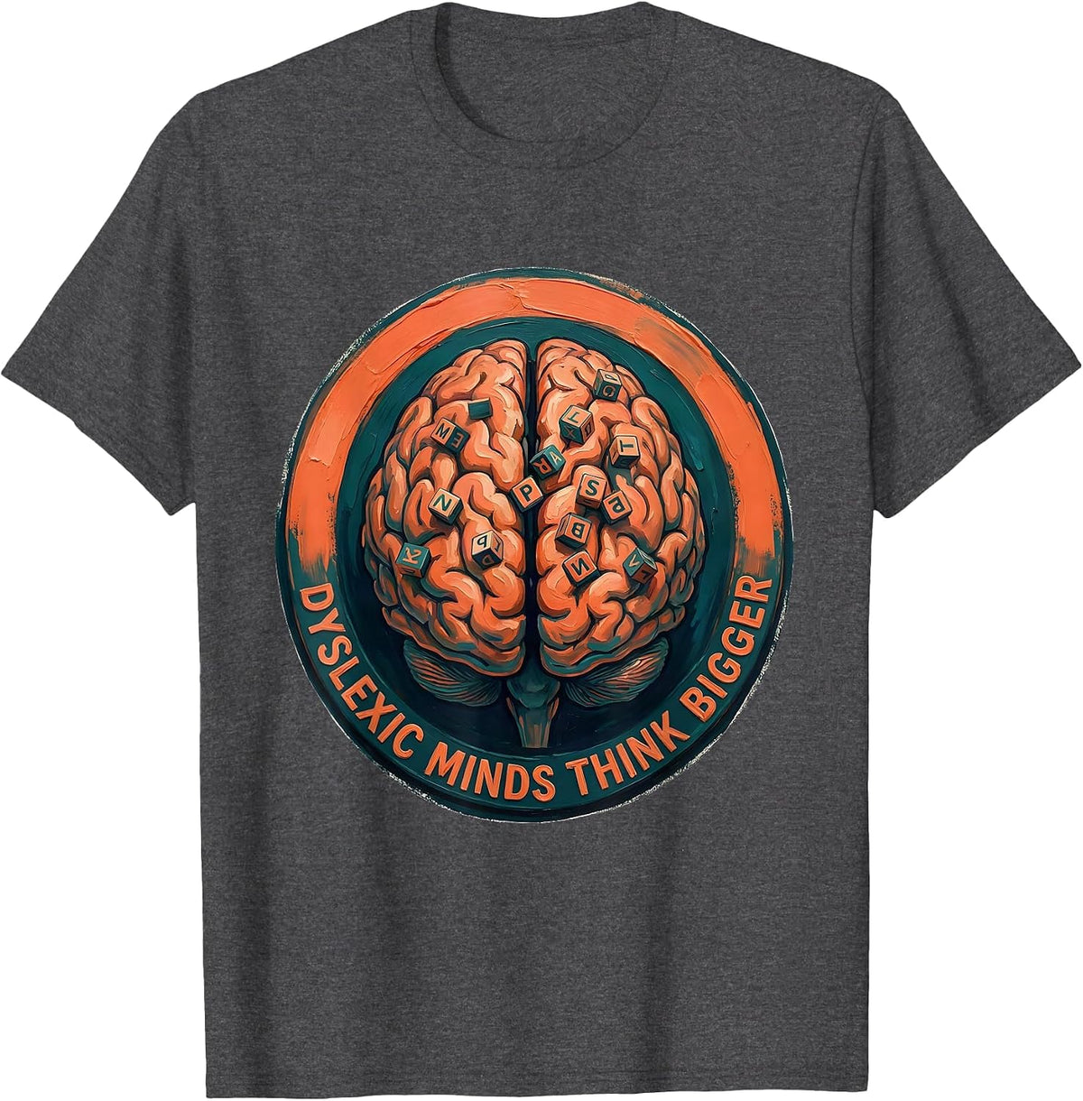 Men's Dyslexic Minds Think Bigger Awareness Design T-Shirt - Dark Heather Grey