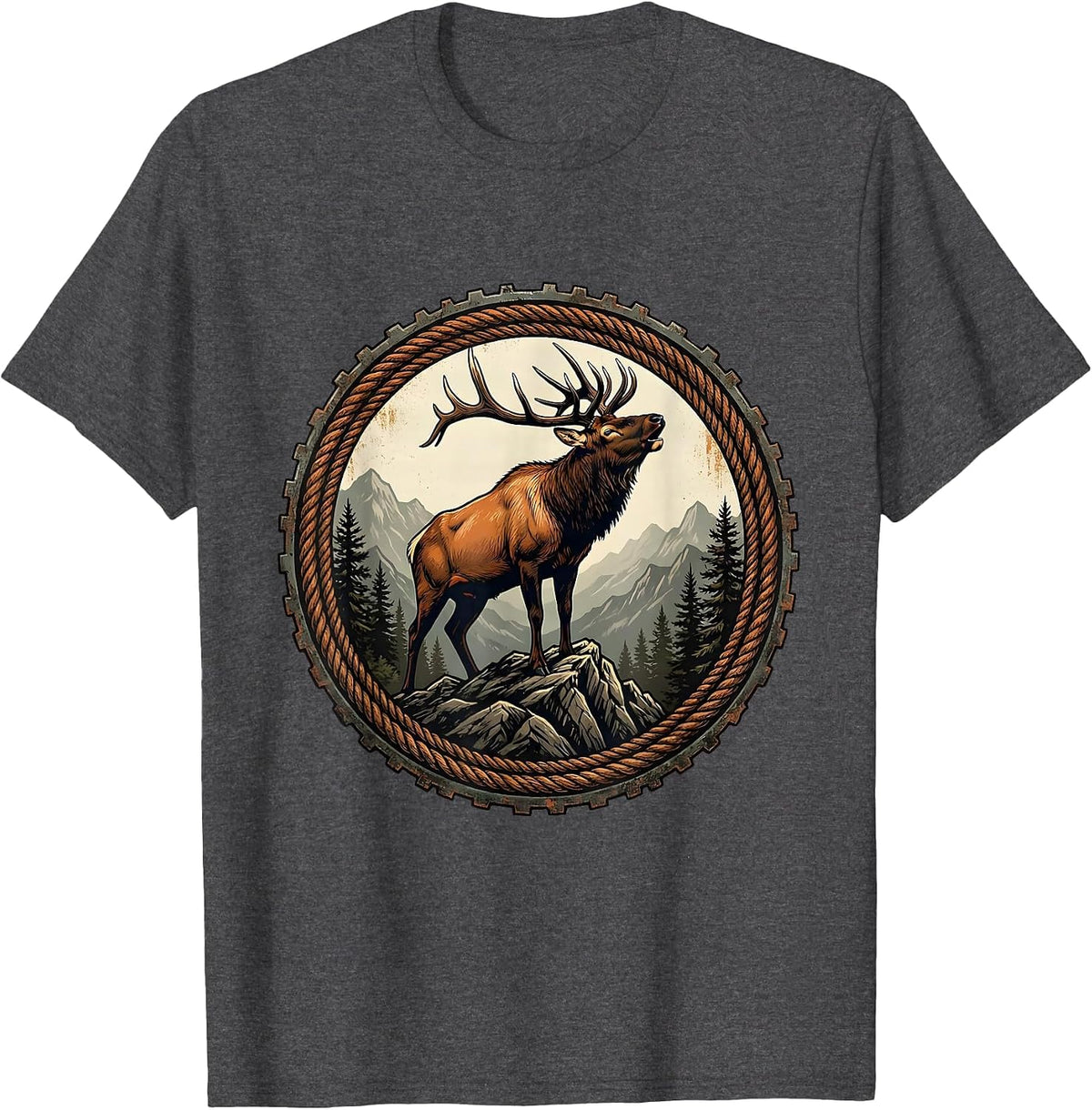 Elk Bugling on Rocky Mountain Ridge Design T-Shirt - Dark Heather Grey