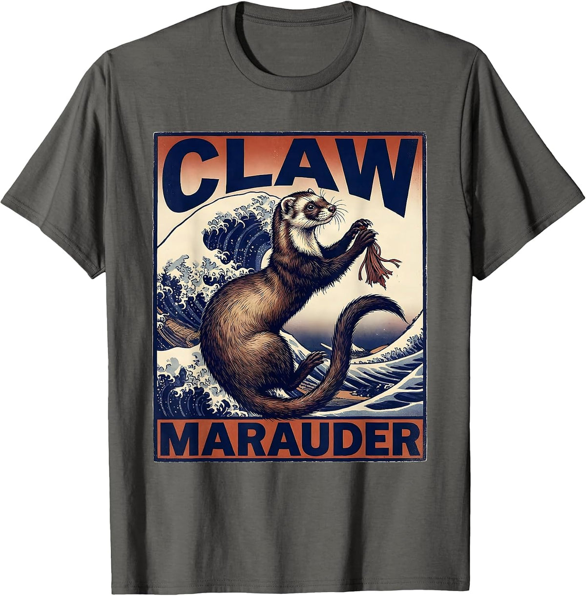 Claw Marauder Ukiyo-e Ferret Lover Gift T-Shirt - Asphalt Grey