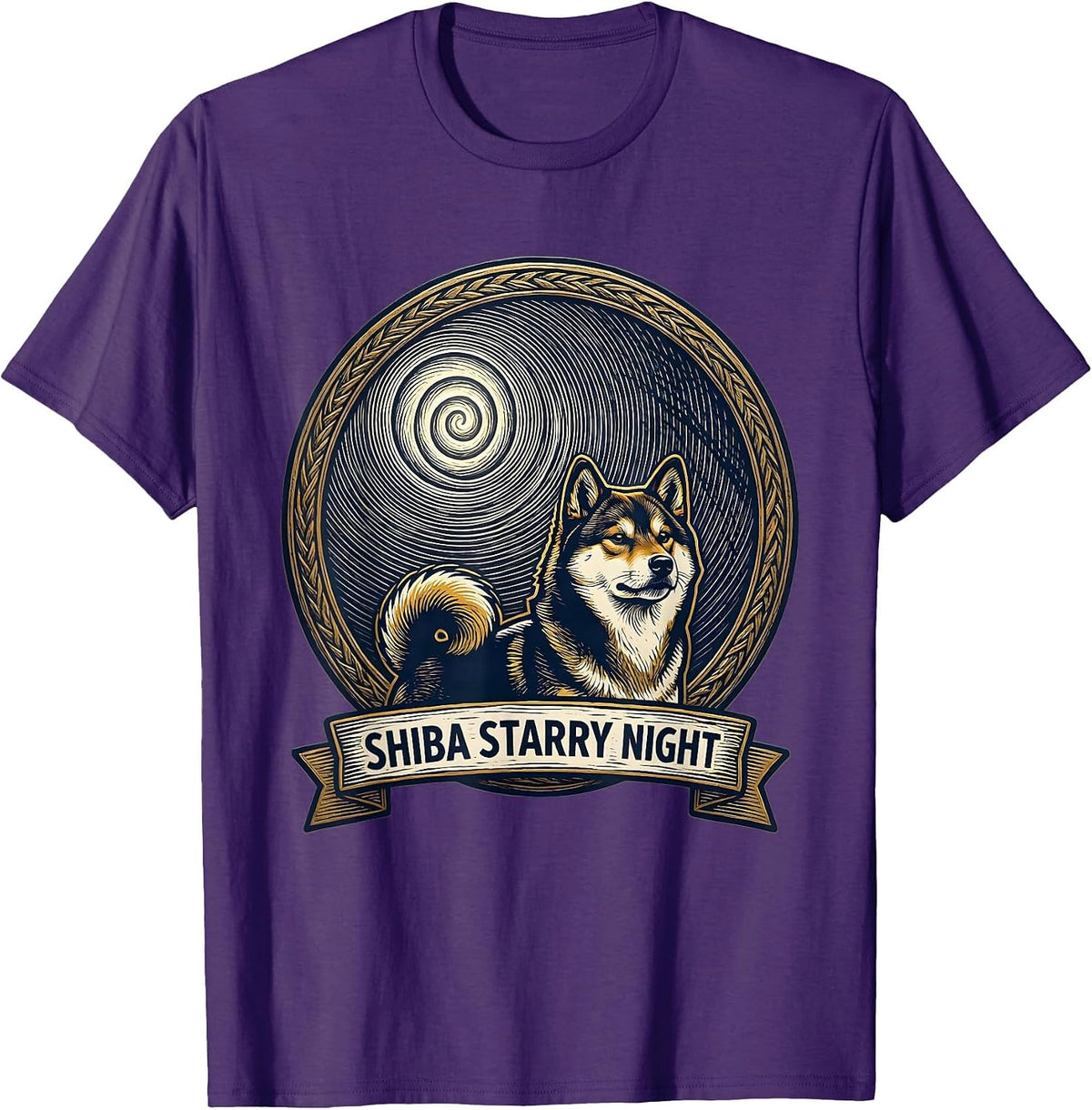 Men's Shiba Starry Night Woodcut Engraving Pet Lover Funny Van T-Shirt - Purple