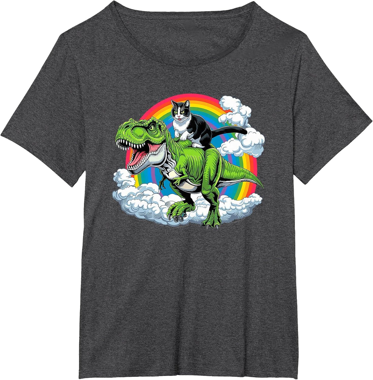 Funny Cat Riding Dinosaur T-Rex & Rainbow Cats Joke T-Shirt - Dark Heather Grey