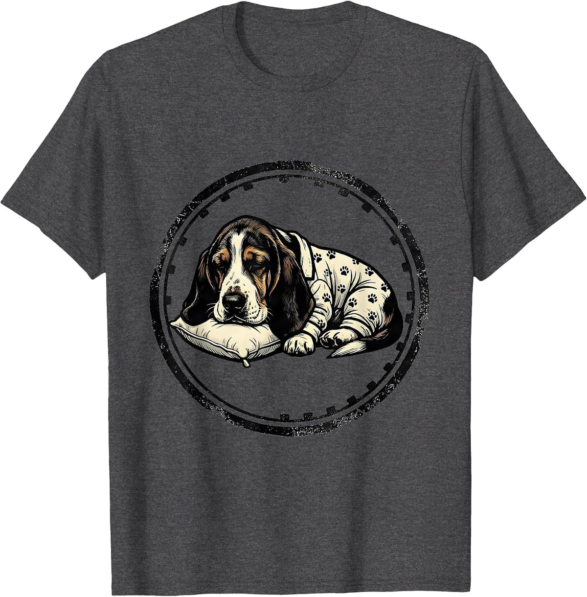 Sleepy Basset Hound Rubber Stamp Pajama Stamp Seal T-Shirt - Dark Heather Grey