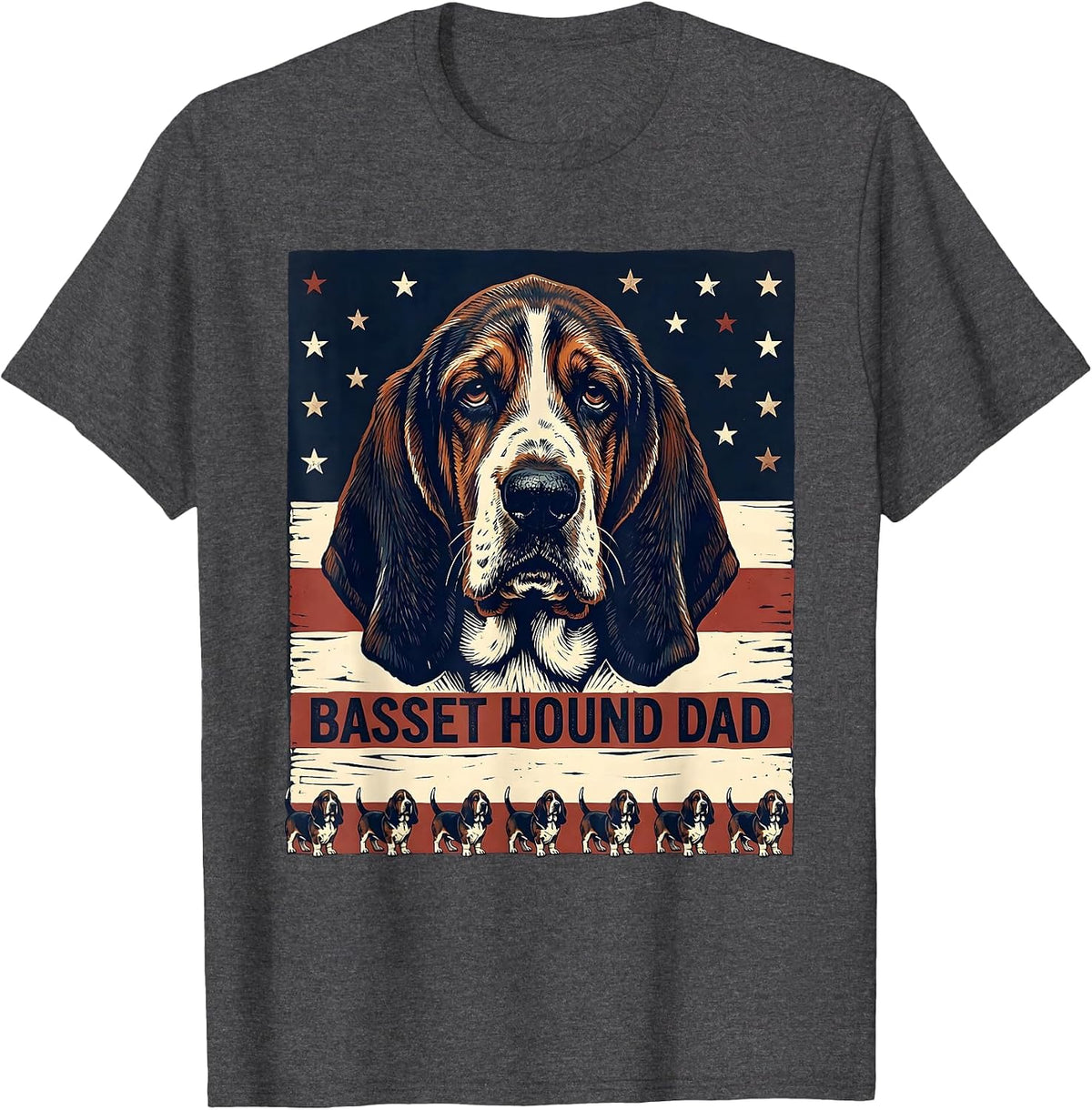 Basset Hound Dad Patriotic Linocut Dog Breed Pride T-Shirt - Dark Heather Grey