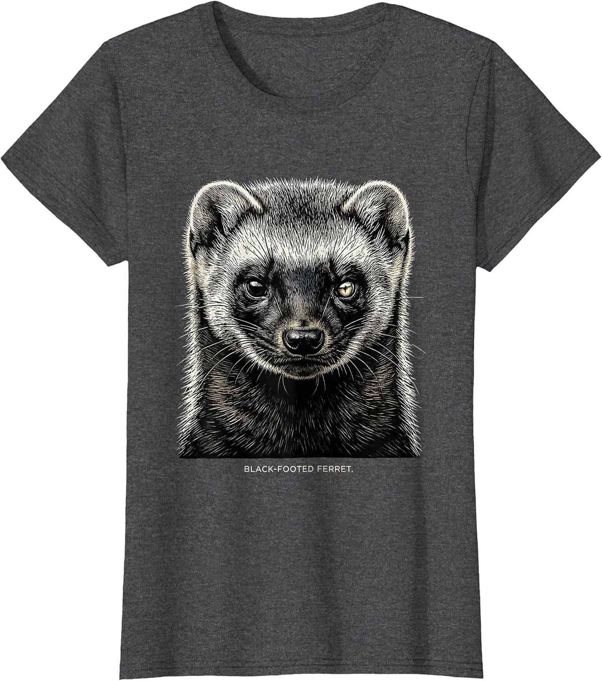 Women's BLACK-FOOTED FERRET Woodcut Engraving Wildlife Portrait T-Shirt - Dark Heather Grey