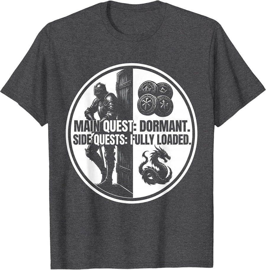 Men's Main Quest: Dormant. Side Quests: Fully Loaded RPG Gamer T-Shirt - Dark Heather Grey