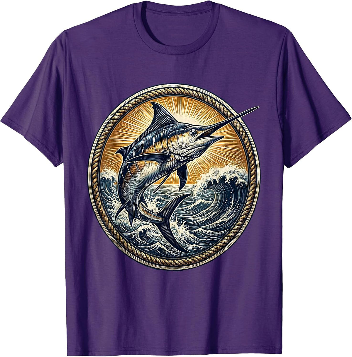 Marlin Leaping Ocean Waves Sunrise Hawaiian Design T-Shirt - Purple