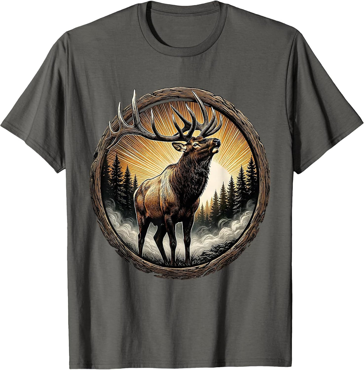 Bull Elk Bugling at Dawn Fog Fall Wildlife Design T-Shirt - Asphalt Grey