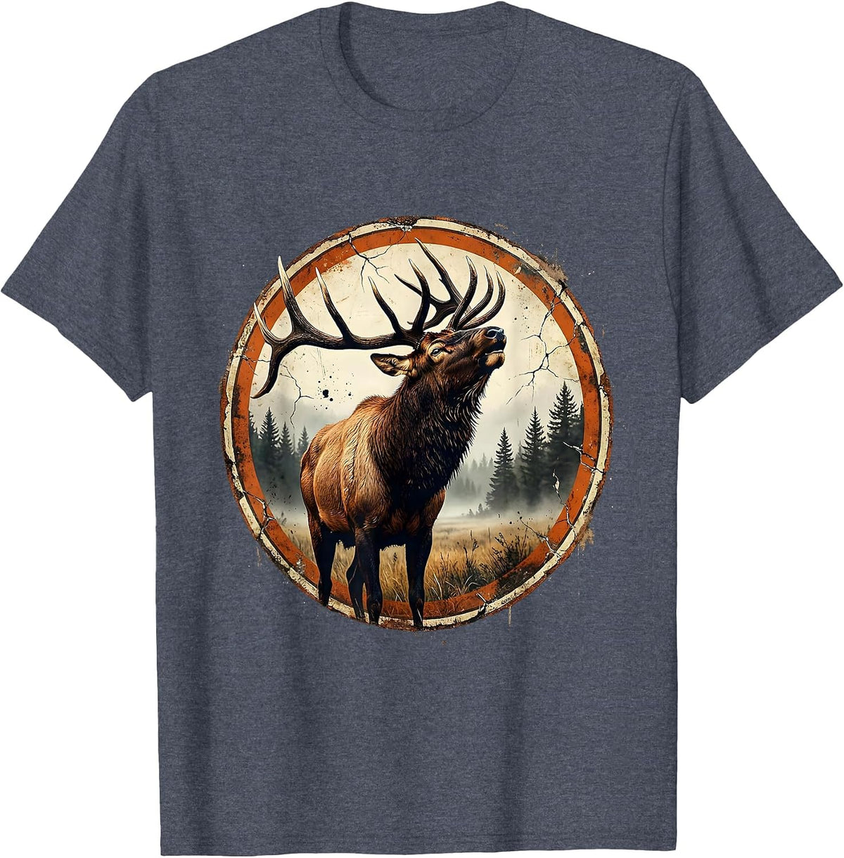 Bull Elk Bugling in Misty Meadow Illustration T-Shirt - Heather Blue