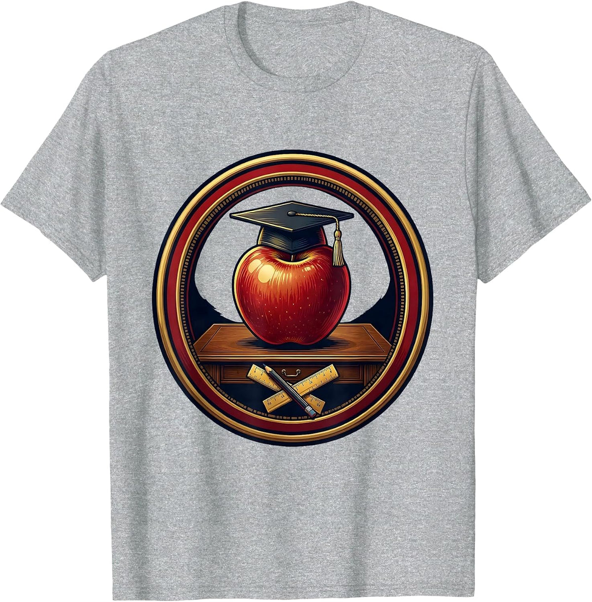 Men's Preschool Teacher Apple Graduation Cap Desk Art T-Shirt - Heather Grey