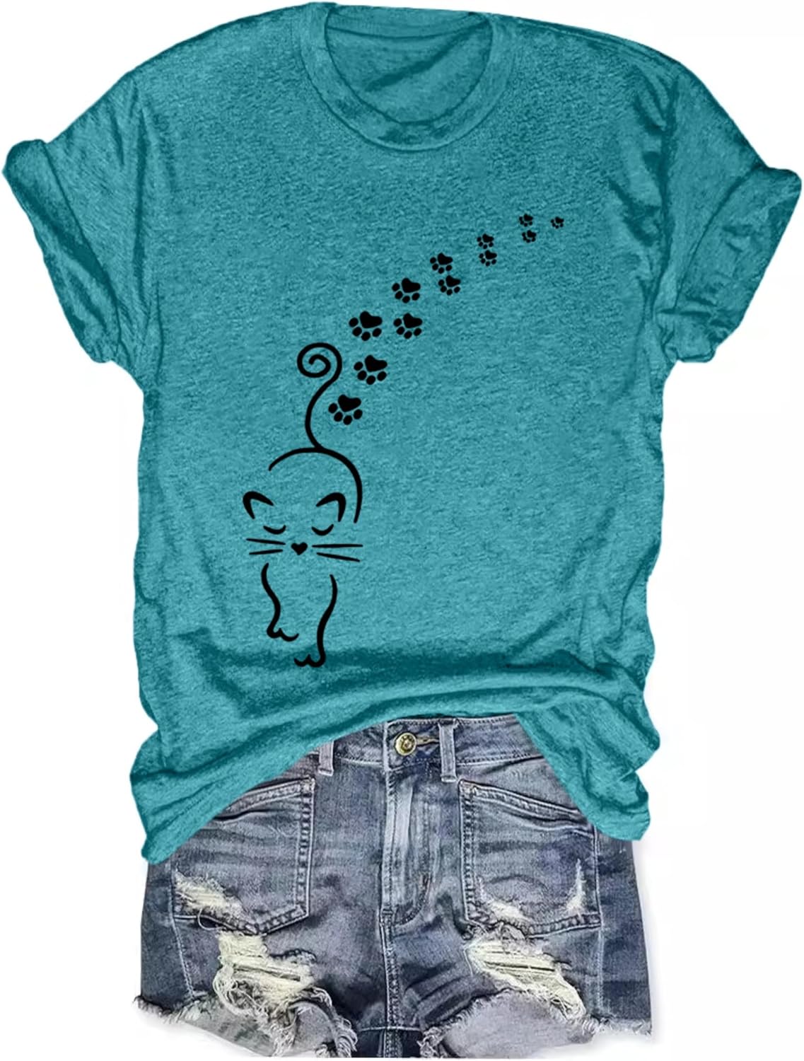 Women's Summer Short Sleeve T Shirts Cute Cat Mom Graphic Tee Shirt Vintage Crewneck Loose Casual Tops - Aqua Blue