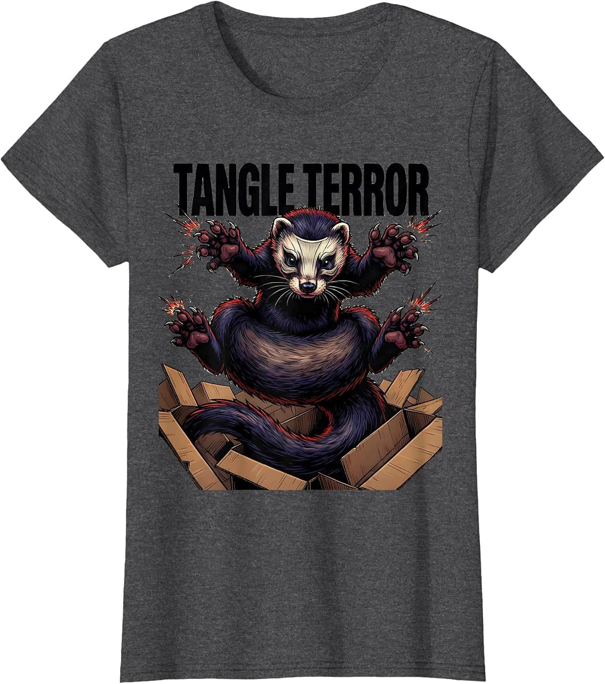 Women's Tangle Terror Cartoon Ferret Lover Gift Ferret Owner Humor T-Shirt - Dark Heather Grey