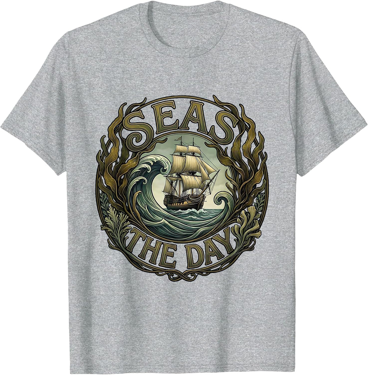 Men's Seas the Day Nautical Navy Ocean Design T-Shirt - Heather Grey