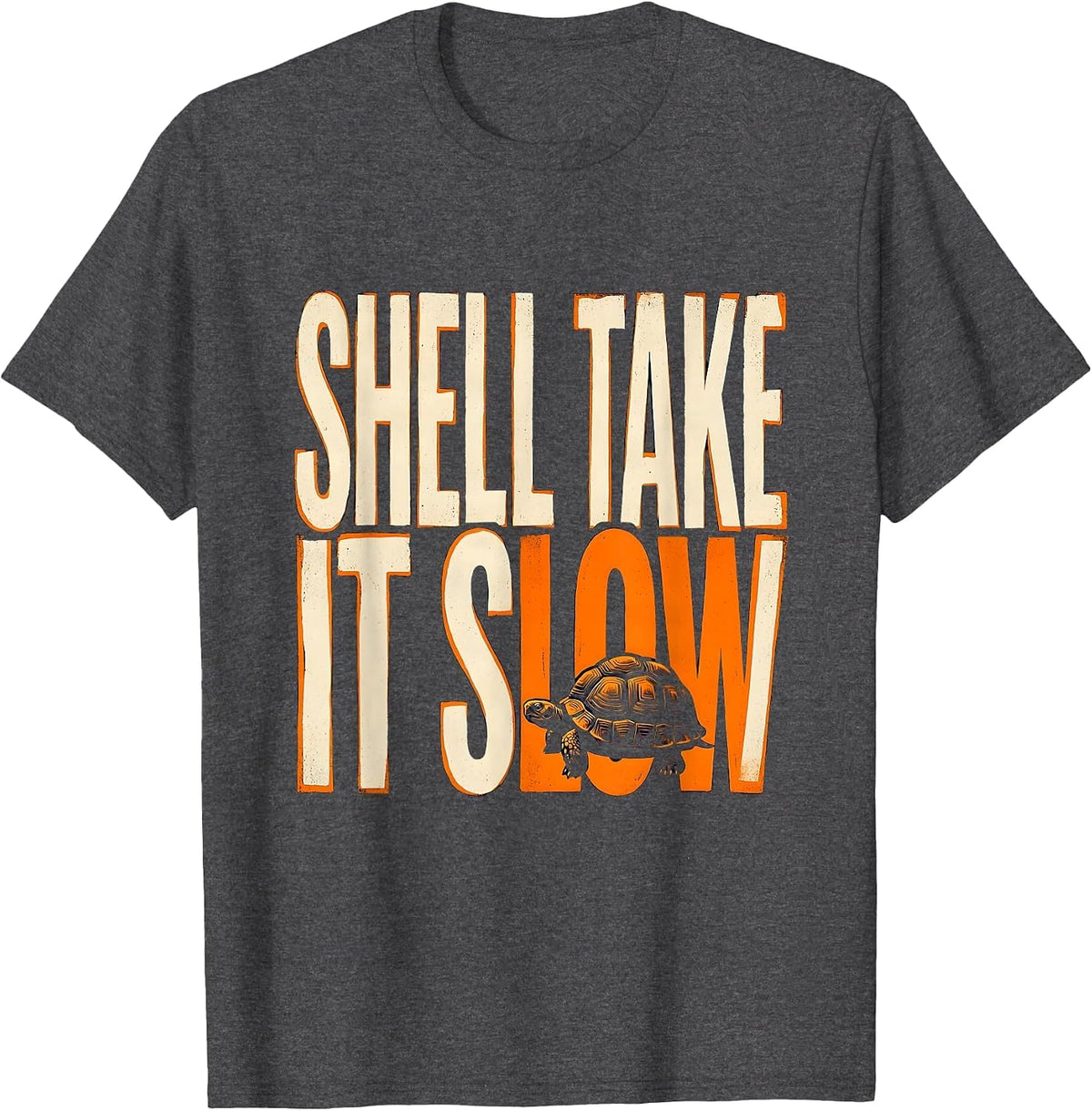 Men's Shell Take It Slow Stencil Graphic Turtle Lover Humor T-Shirt - Dark Heather Grey