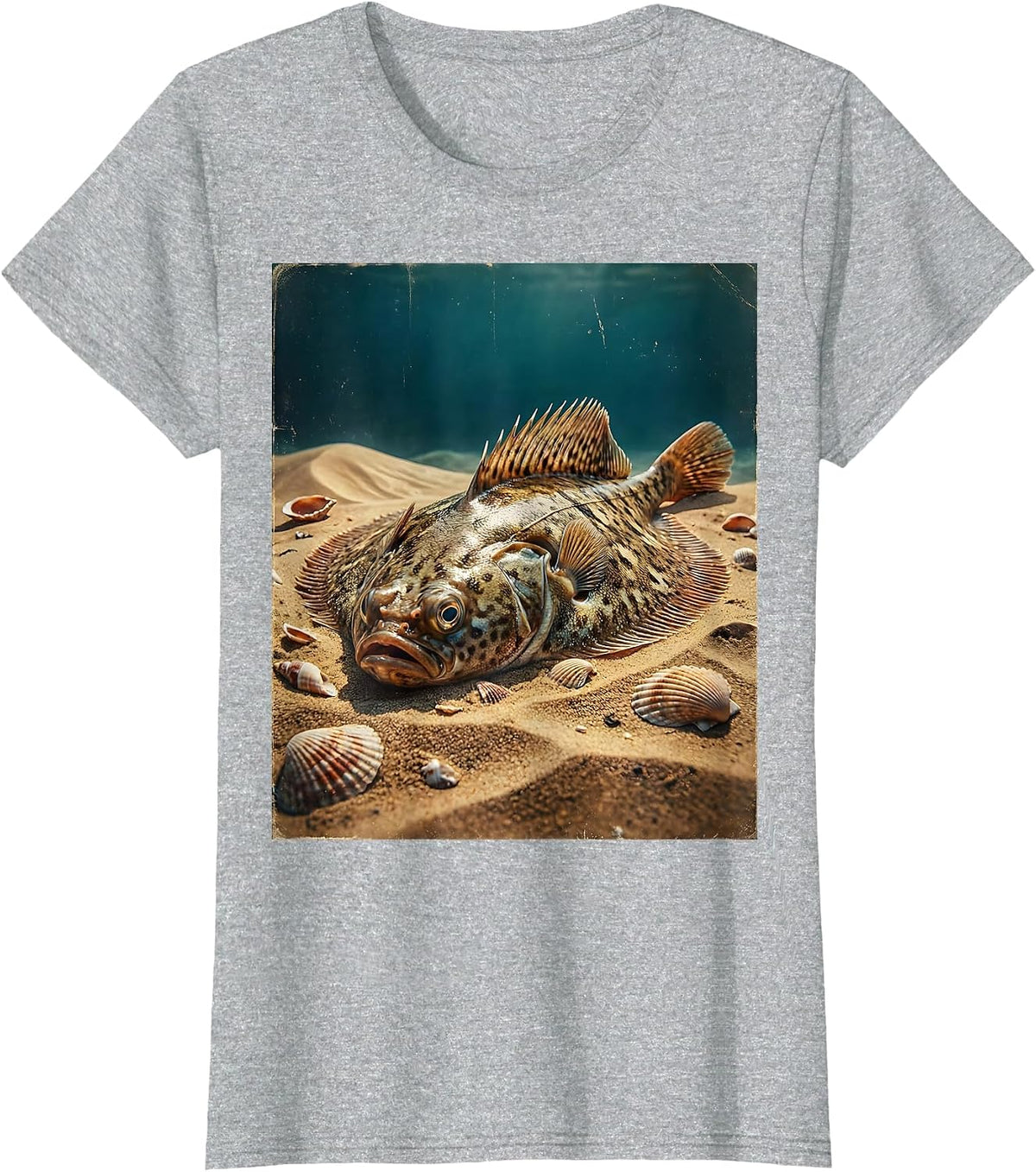 Gulf of Mexico Flounder Sandy Ocean Floor Design T-Shirt - Heather Grey
