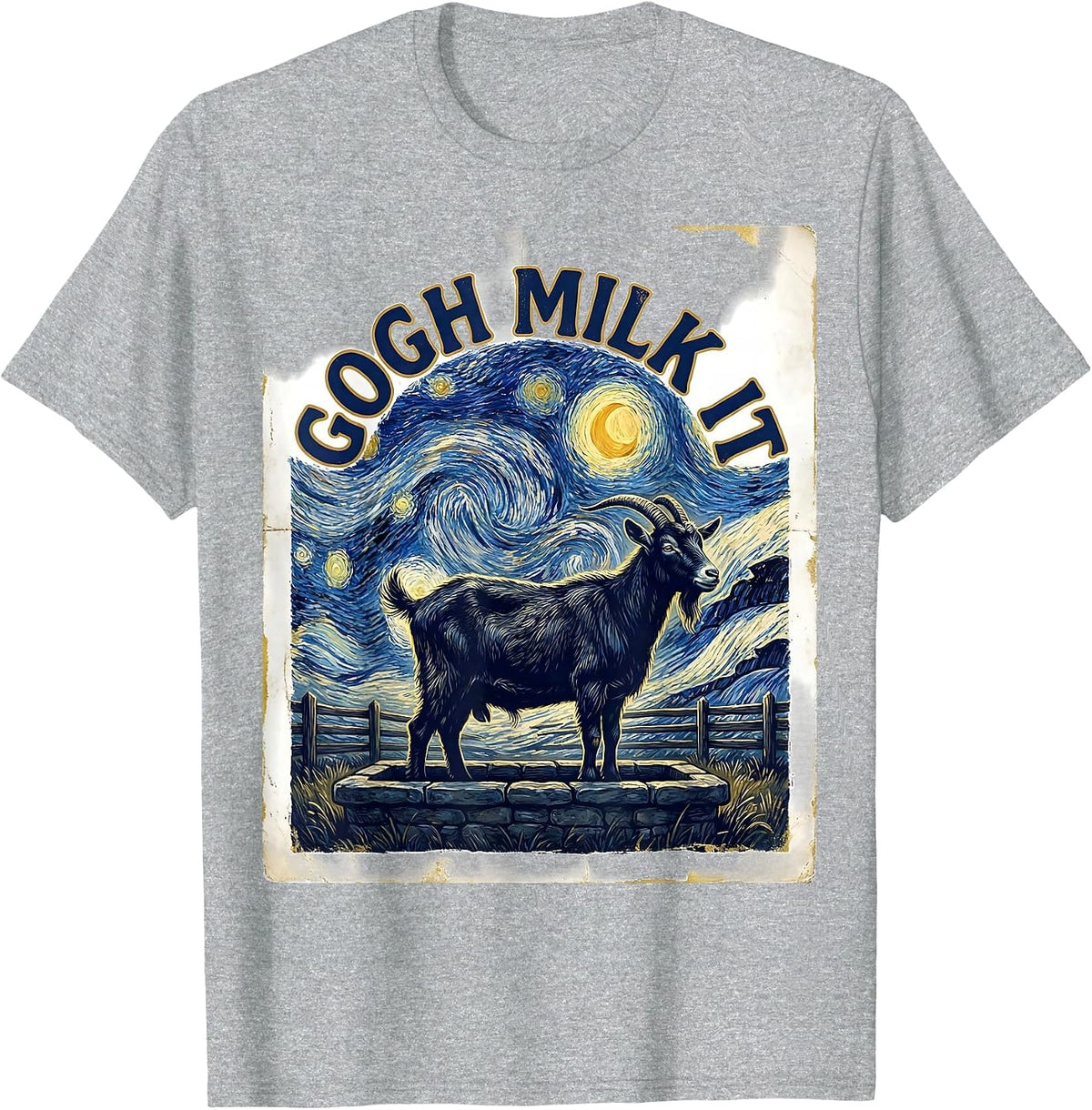 Men's Gogh Milk It Vintage Funny Cat Lover Art Parody T-Shirt - Heather Grey