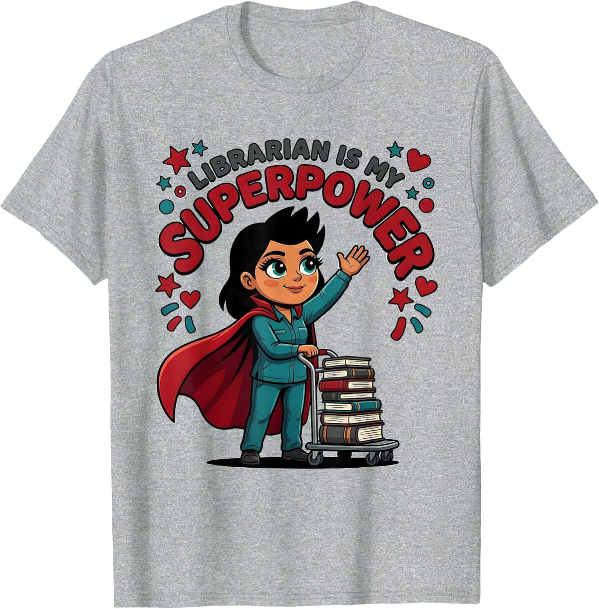 Men's LIBRARIAN IS MY SUPERPOWER Cartoon Librarian Back To School T-Shirt - Heather Grey