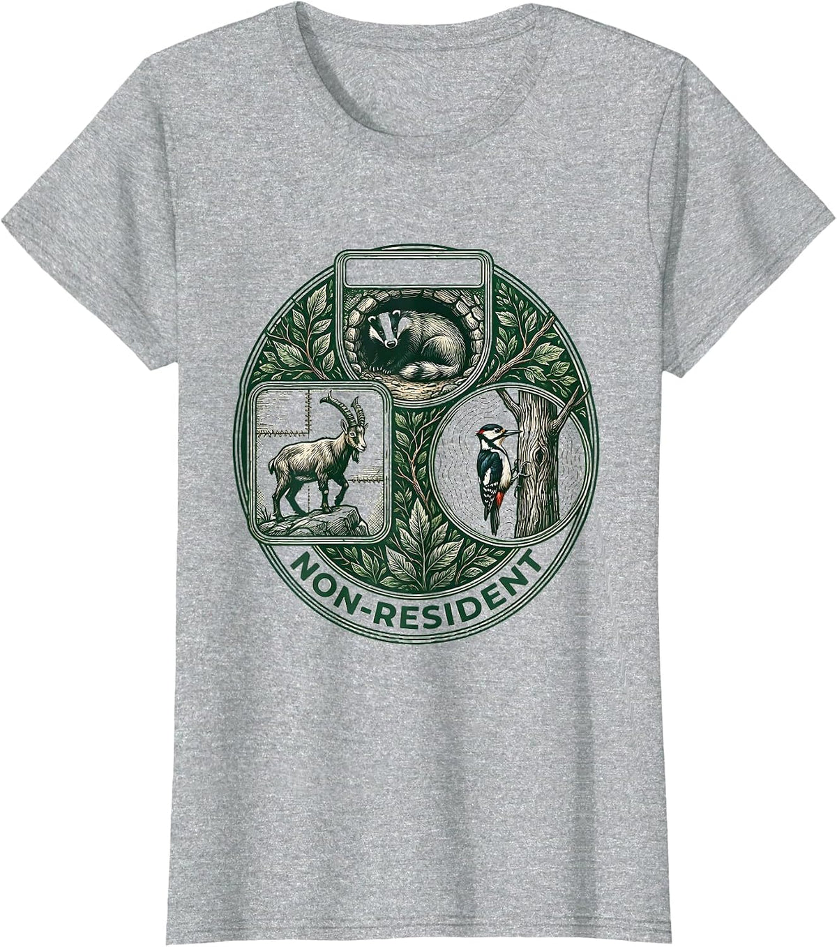 Non-Resident Toile Narrative Forest Wildlife Mountain Humor T-Shirt - Heather Grey