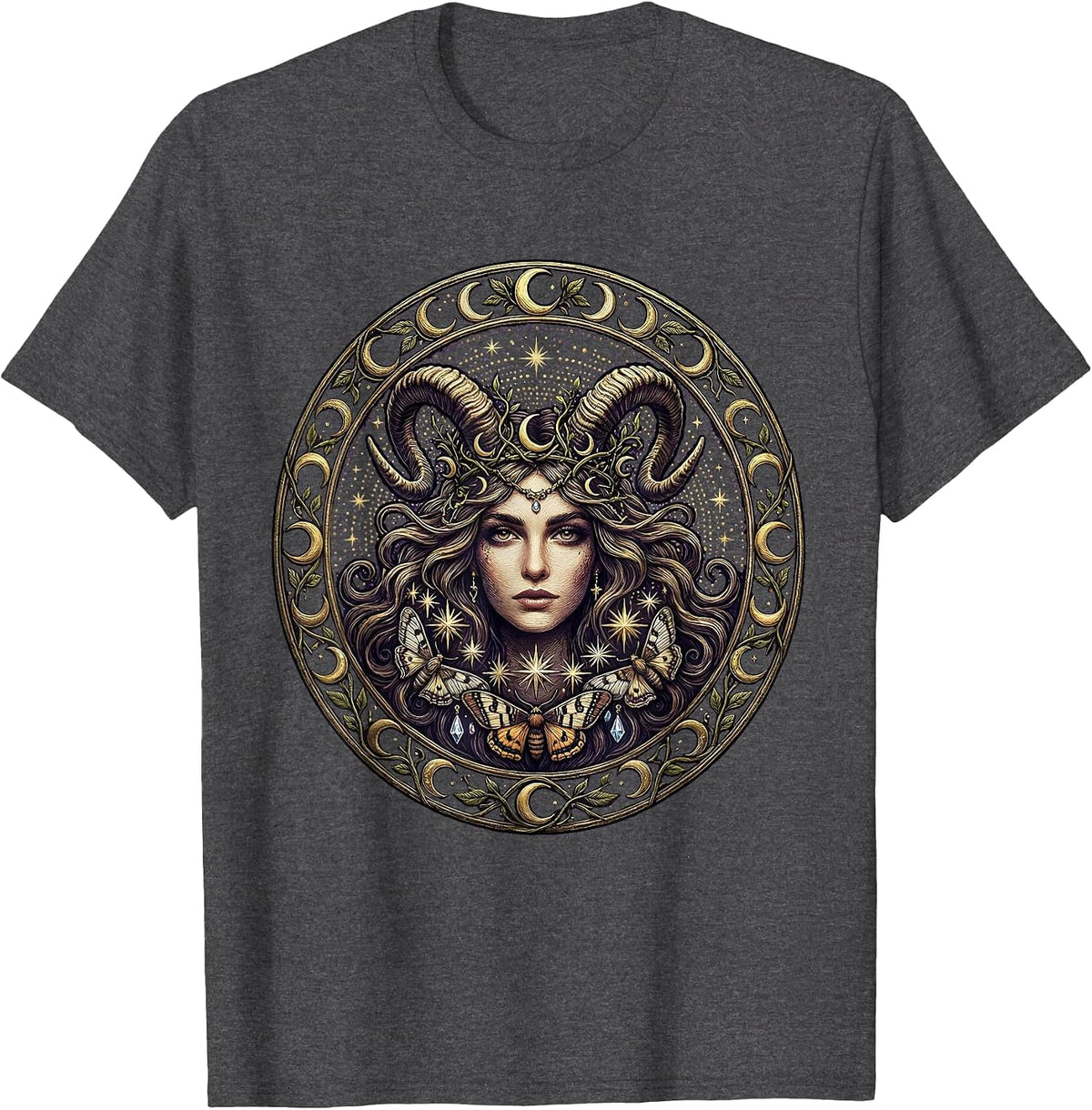 Capricorn Zodiac Goat Horn Flowing Hair Design T-Shirt - Dark Heather Grey