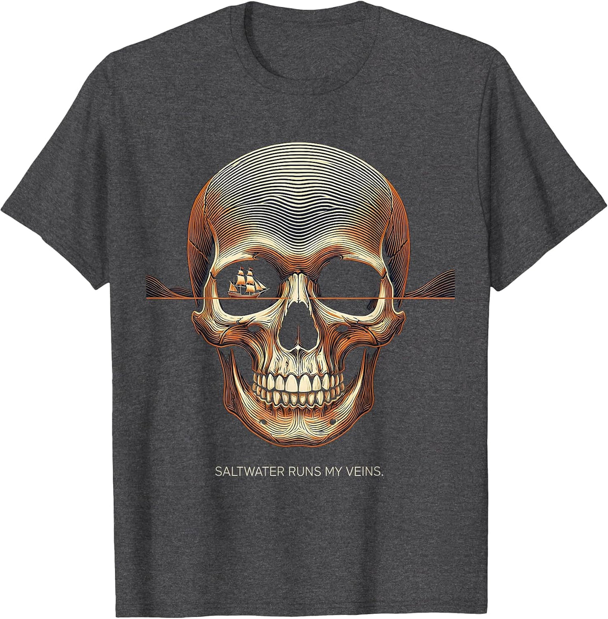 Men's Saltwater Runs My Veins Pirate Design T-Shirt - Dark Heather Grey