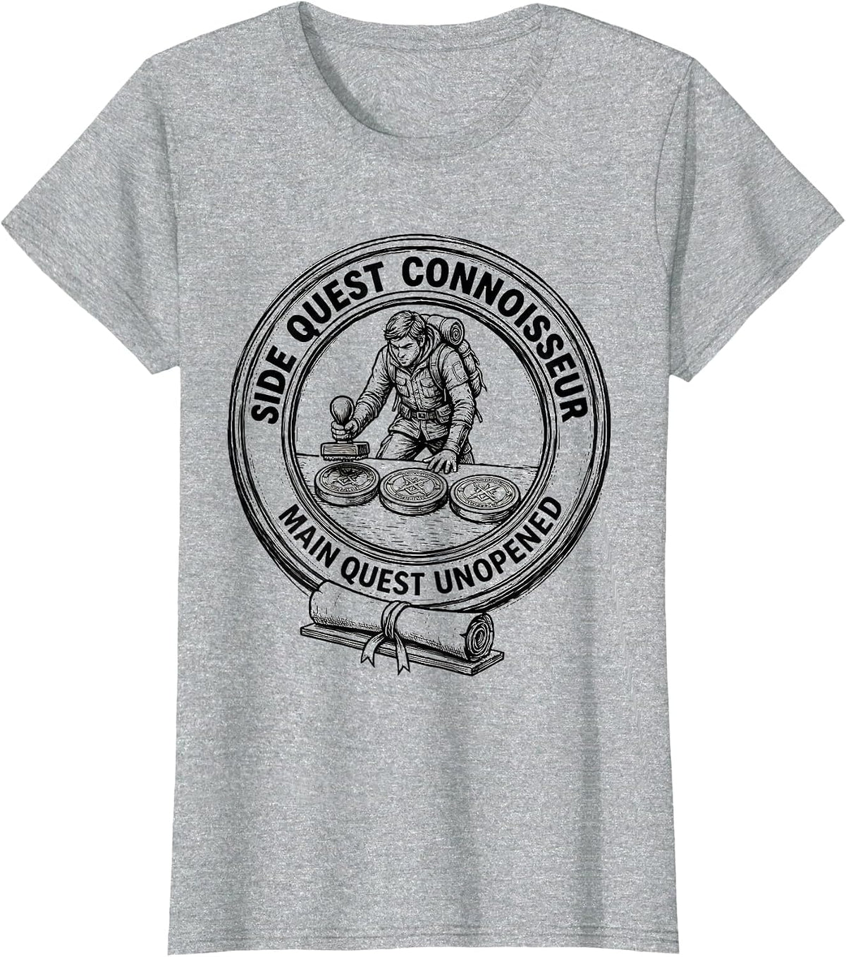 Women's Side Quest Connoisseur, Main Quest Unopened RPG Gamer T-Shirt - Heather Grey