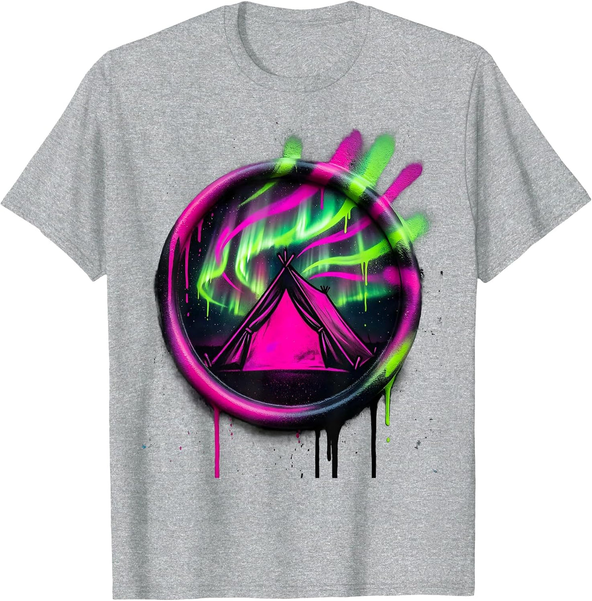 Men's Northern Lights Lone Tent Camping Illustration T-Shirt - Heather Grey