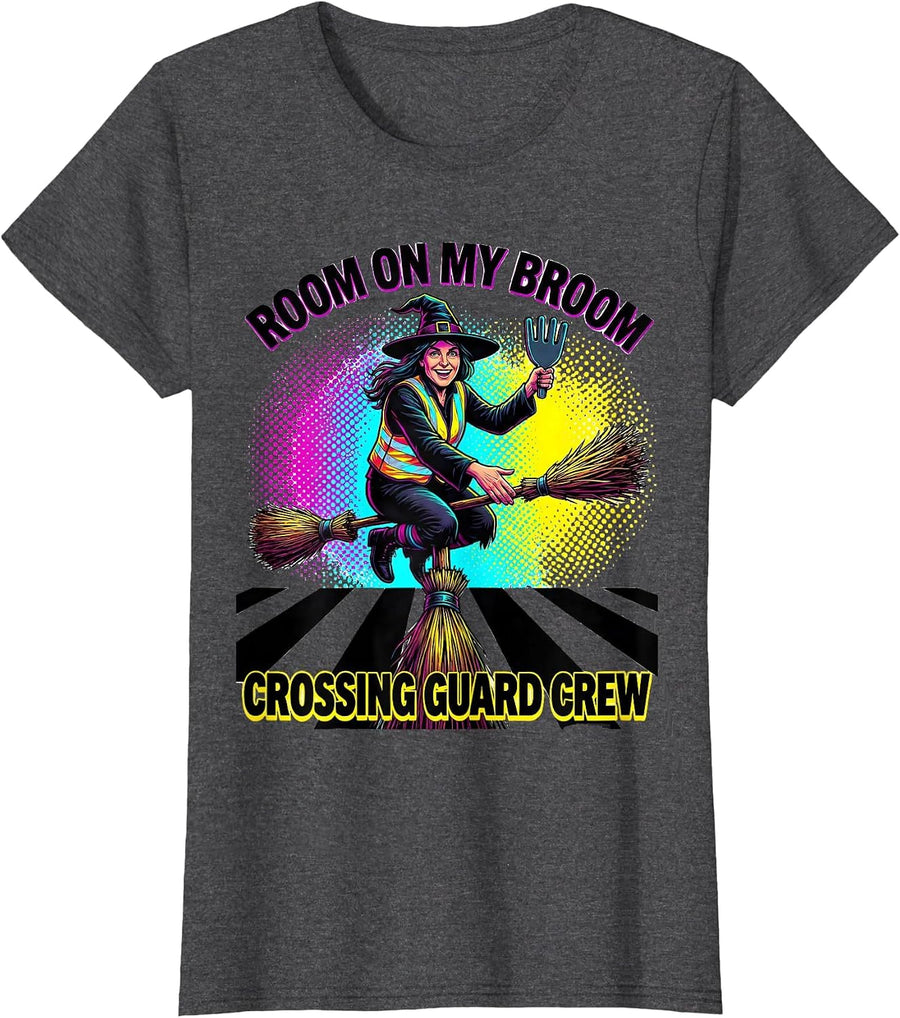 Women's Room On My Broom Crossing Guard Crew Funny Halloween T-Shirt - Dark Heather Grey