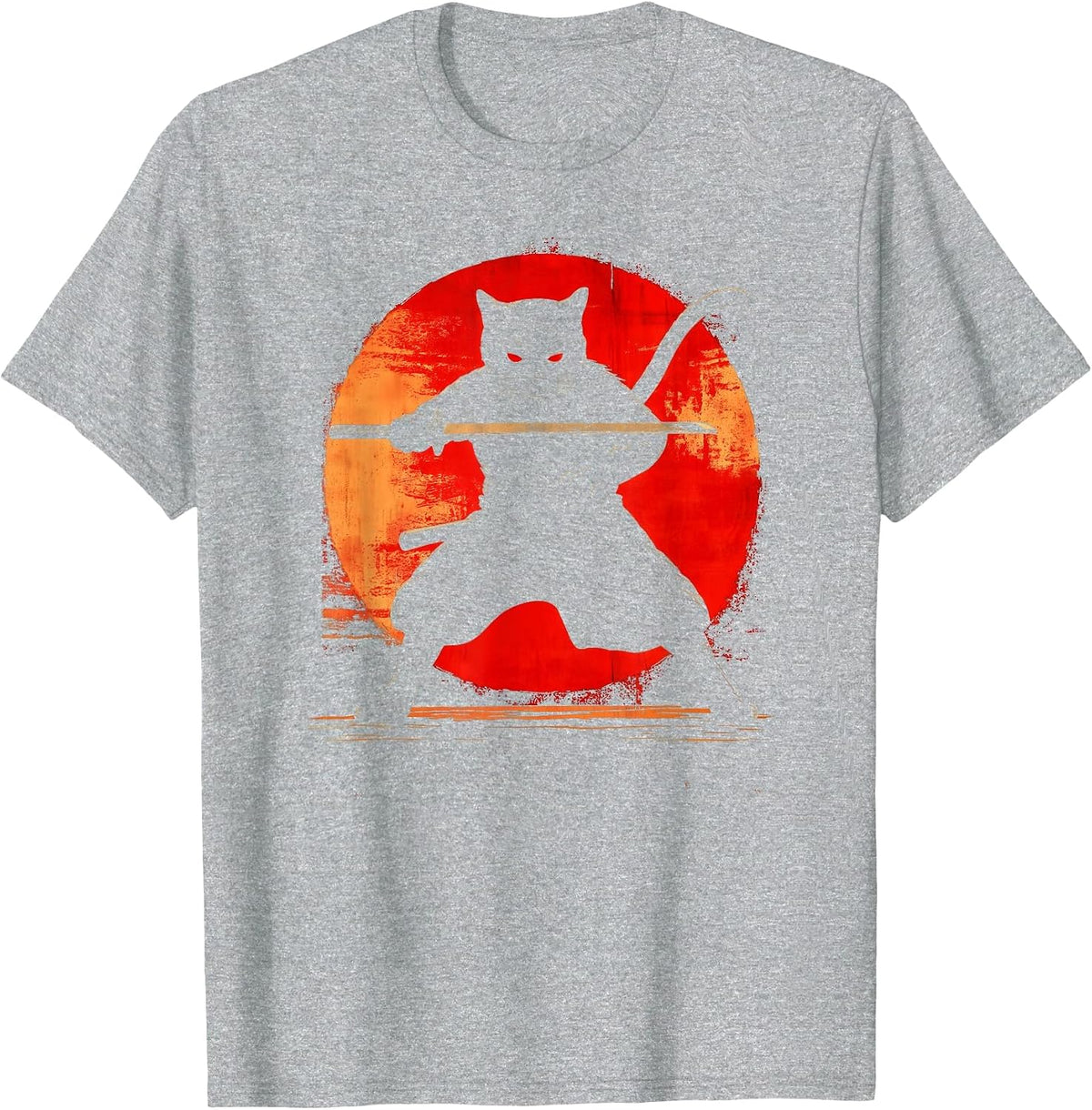 Black Samurai Cat Graphic Tee Katana Art Japanese Anime T-Shirt - Heather Grey