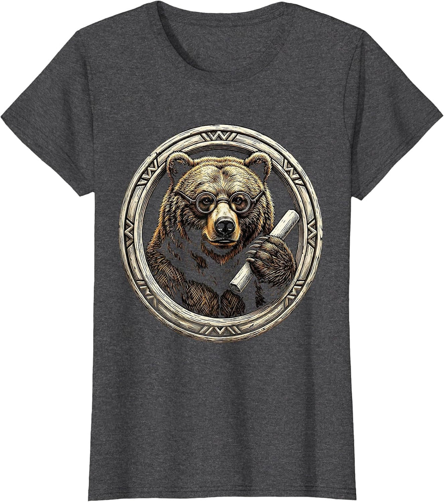 Women's Academic Bear Professor Chalk Illustration T-Shirt - Dark Heather Grey