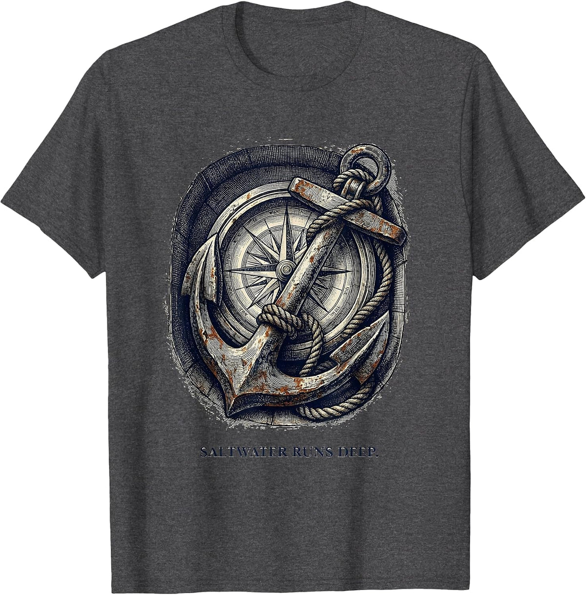 Men's Saltwater Runs Deep Sailor Graphic Design T-Shirt - Dark Heather Grey