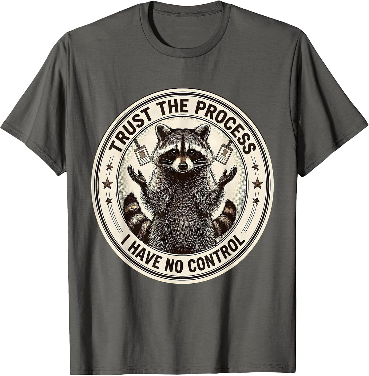 Trust The Process I Have No Control Funny Raccoon Sarcastic T-Shirt - Asphalt Grey