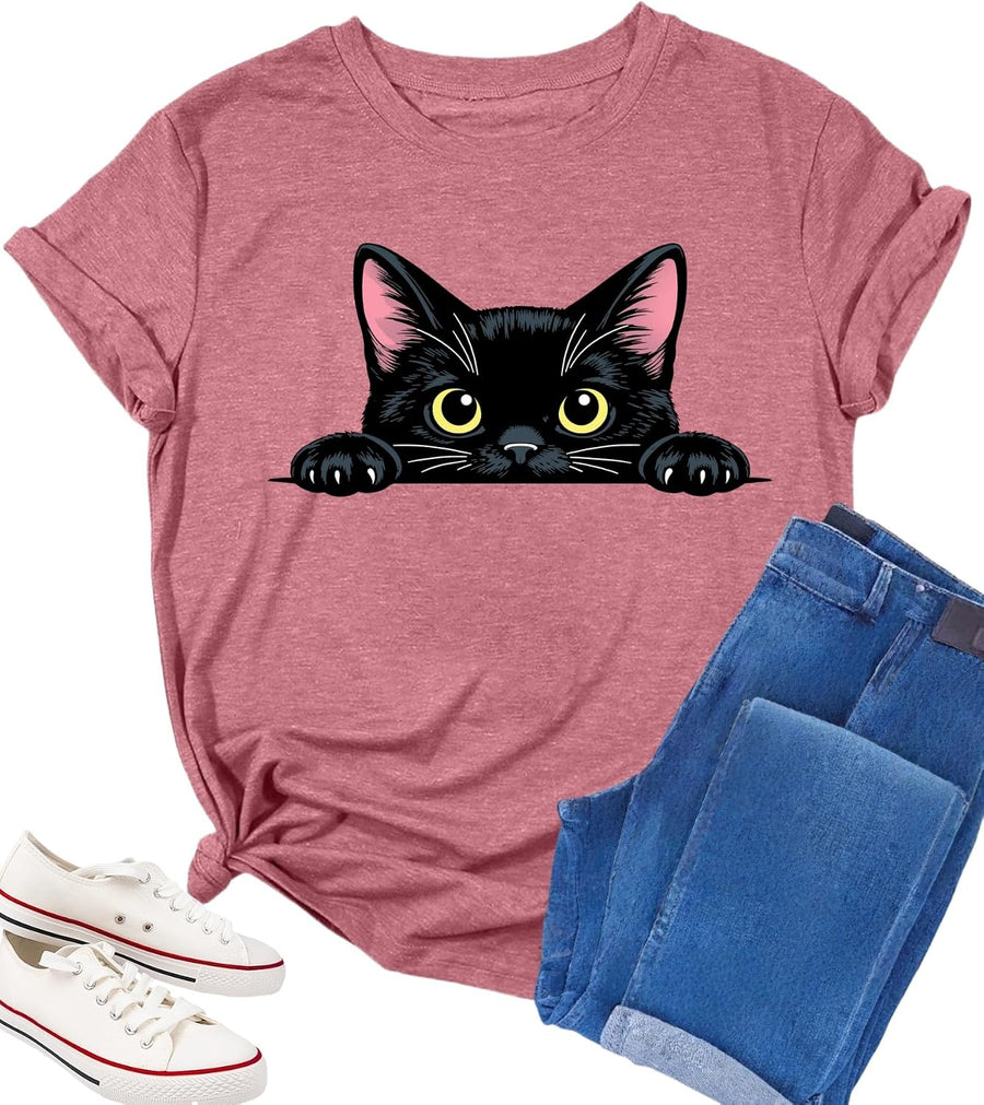 Cat Shirt Cat Shirts for Women Funny Black Cat Tshirt Pet Lover Gifts Shirts Cute Graphic Tee Blouse Graphic Casual Tops -