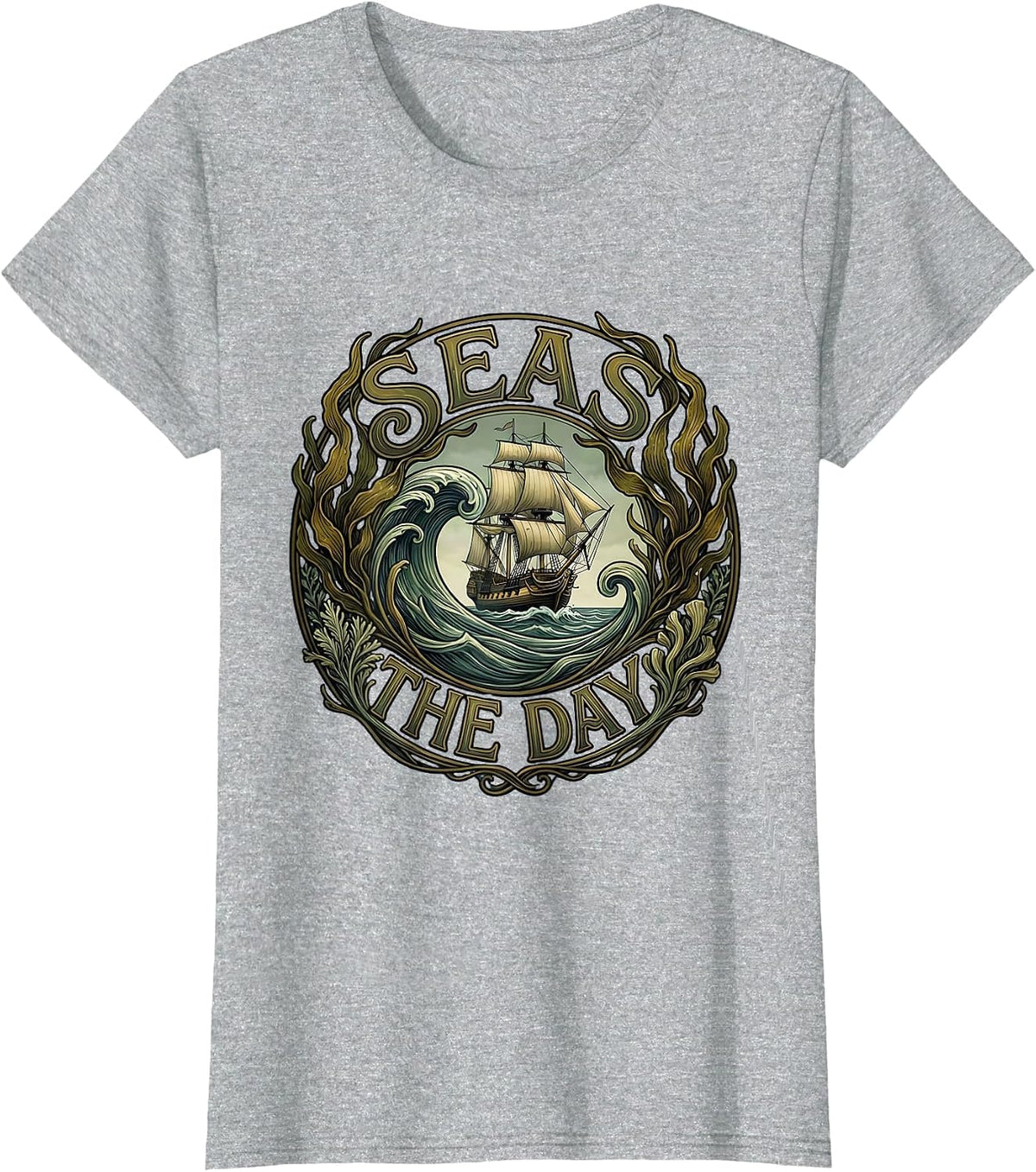 Women's Seas the Day Nautical Navy Ocean Design T-Shirt - Heather Grey