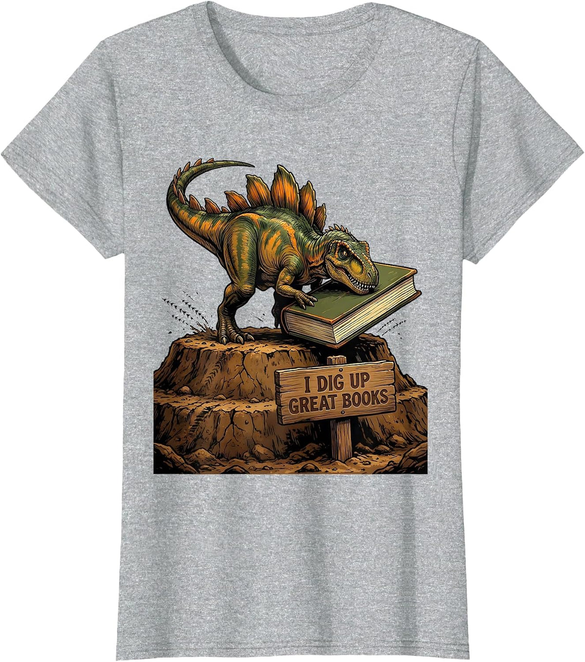 I Dig Up Great Books Funny Dinosaur Bookworm Kids Librarian T-Shirt - Heather Grey
