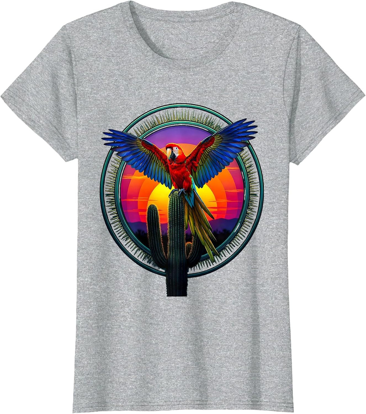 Latina Parrot on Cactus Sunset Illustration T-Shirt - Heather Grey