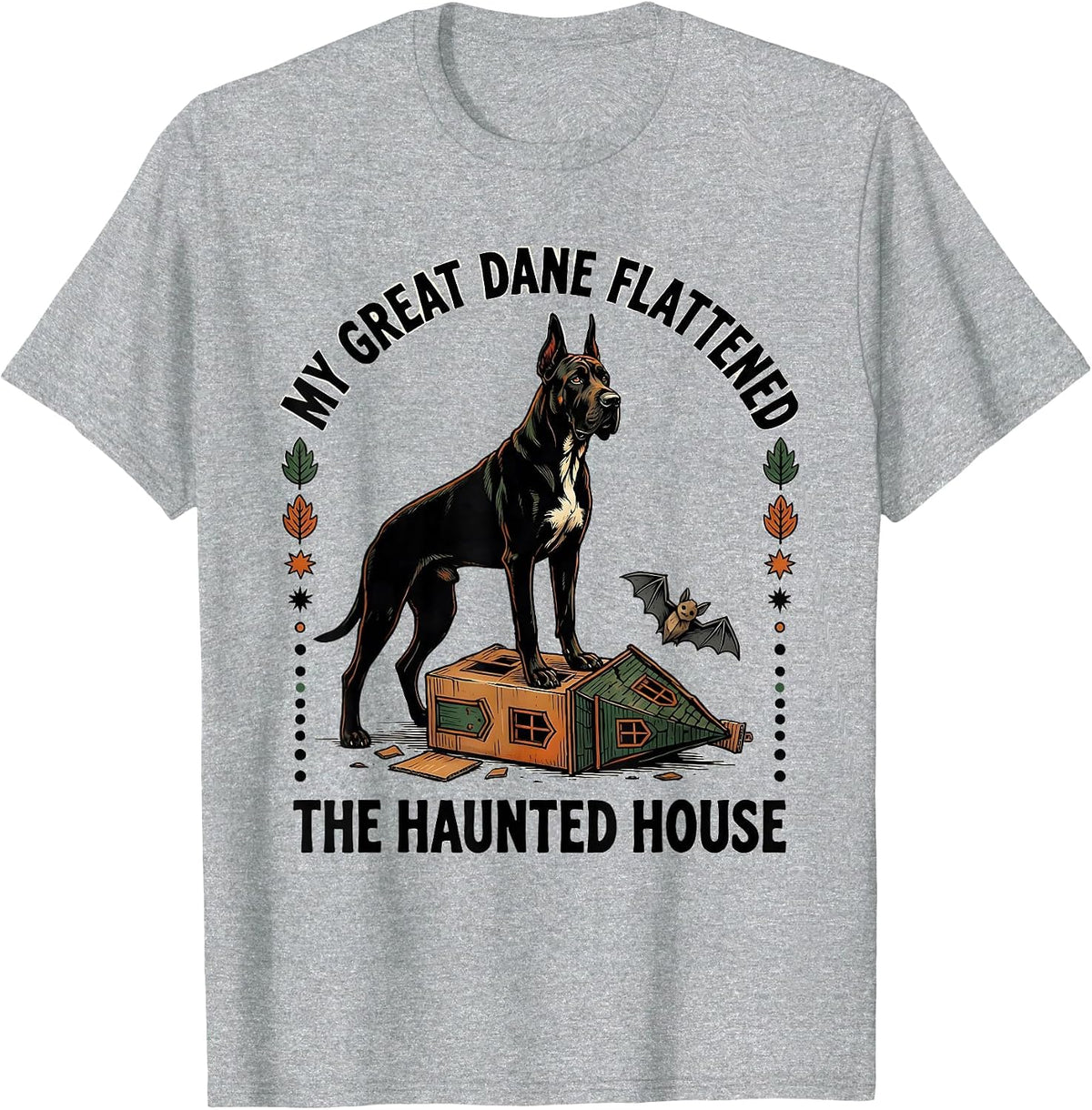 Men's My Great Dane Flattened The Haunted House Folk Art T-Shirt - Heather Grey