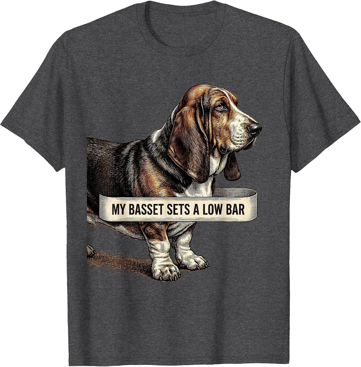 Men's My Basset Sets A Low Bar Funny Basset Hound Dog Lover Gift T-Shirt - Dark Heather Grey