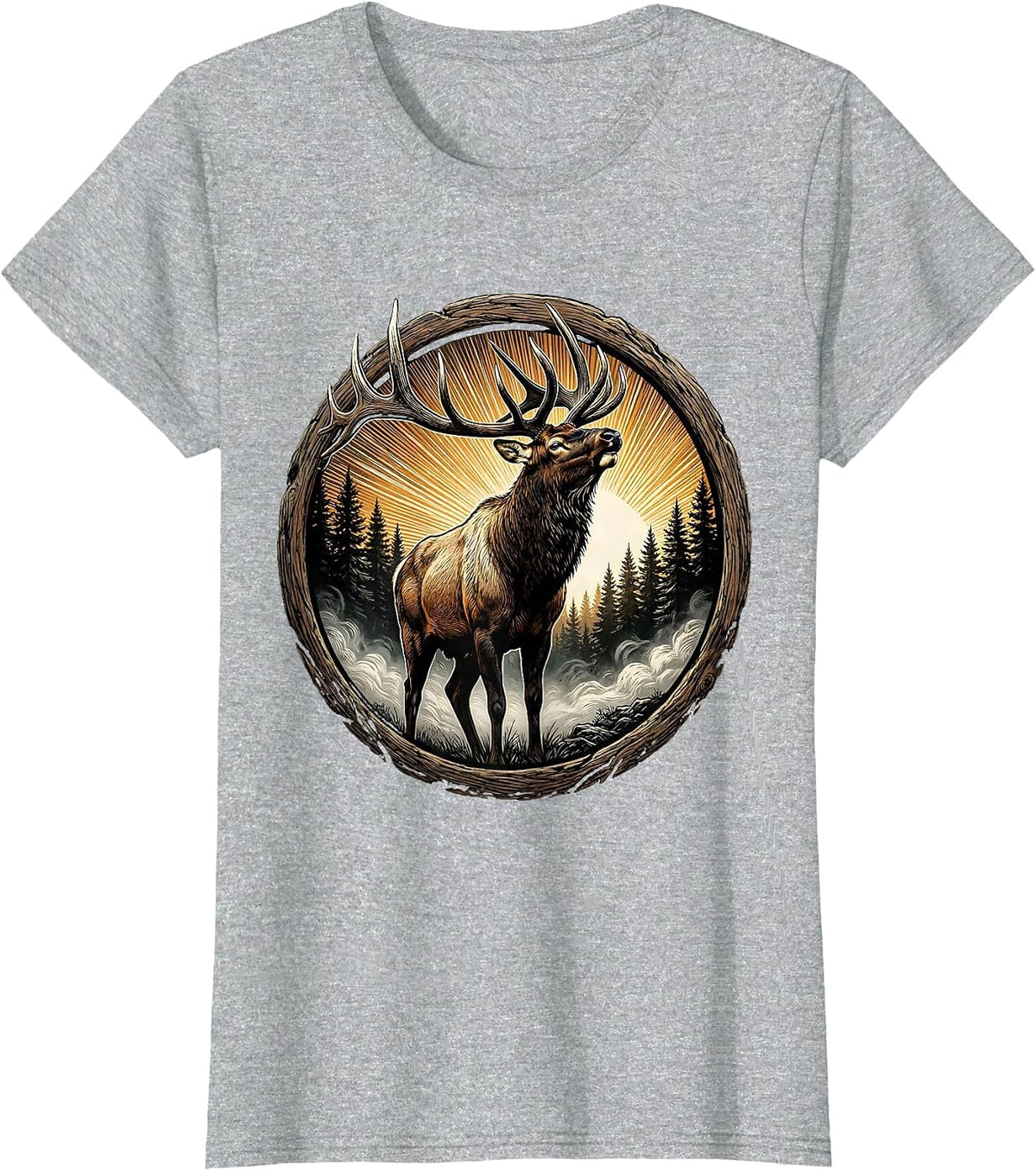 Bull Elk Bugling at Dawn Fog Fall Wildlife Design T-Shirt - Heather Grey