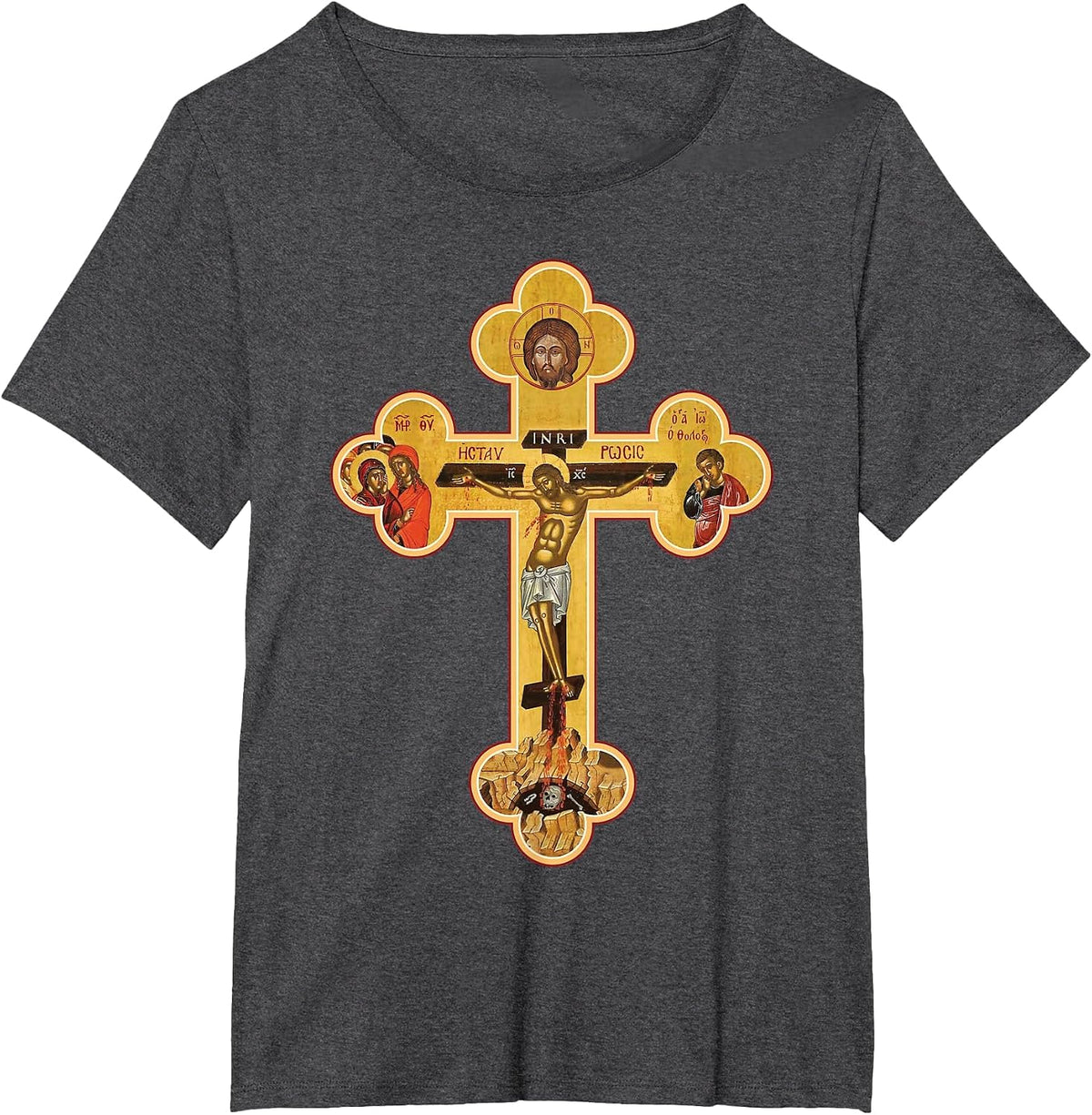 Greek Orthodox Jesus Christ Cross Icon T-Shirt - Dark Heather Grey