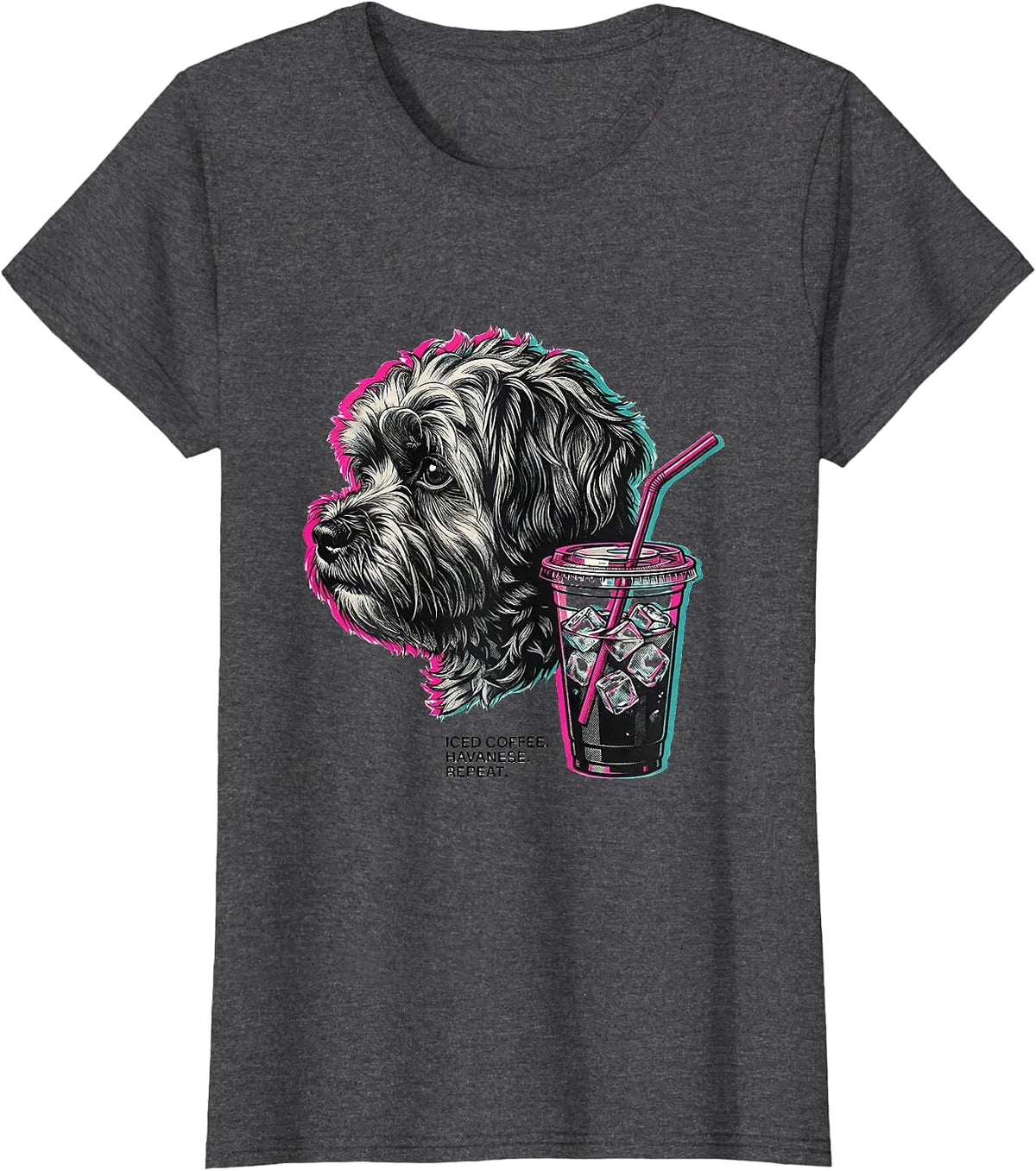 Women's Iced Coffee Havanese Repeat Hipster Dog Breed Humor T-Shirt - Dark Heather Grey