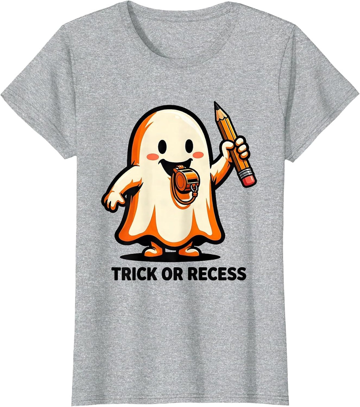Women's Trick Or Recess Cartoon Ghost Halloween Teacher Costume T-Shirt - Heather Grey