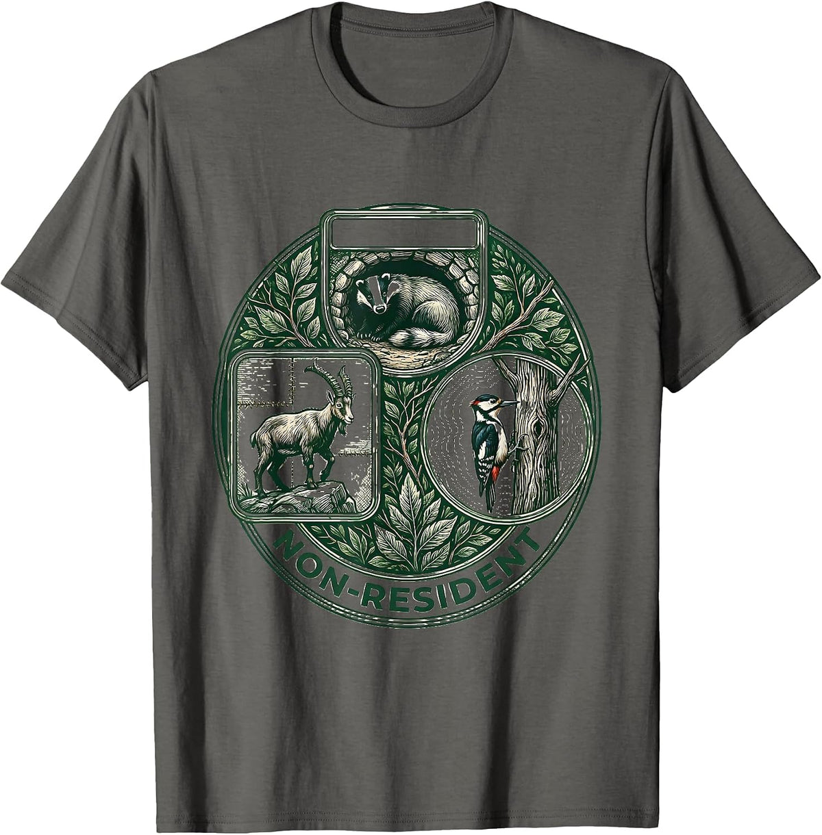 Non-Resident Toile Narrative Forest Wildlife Mountain Humor T-Shirt - Asphalt Grey