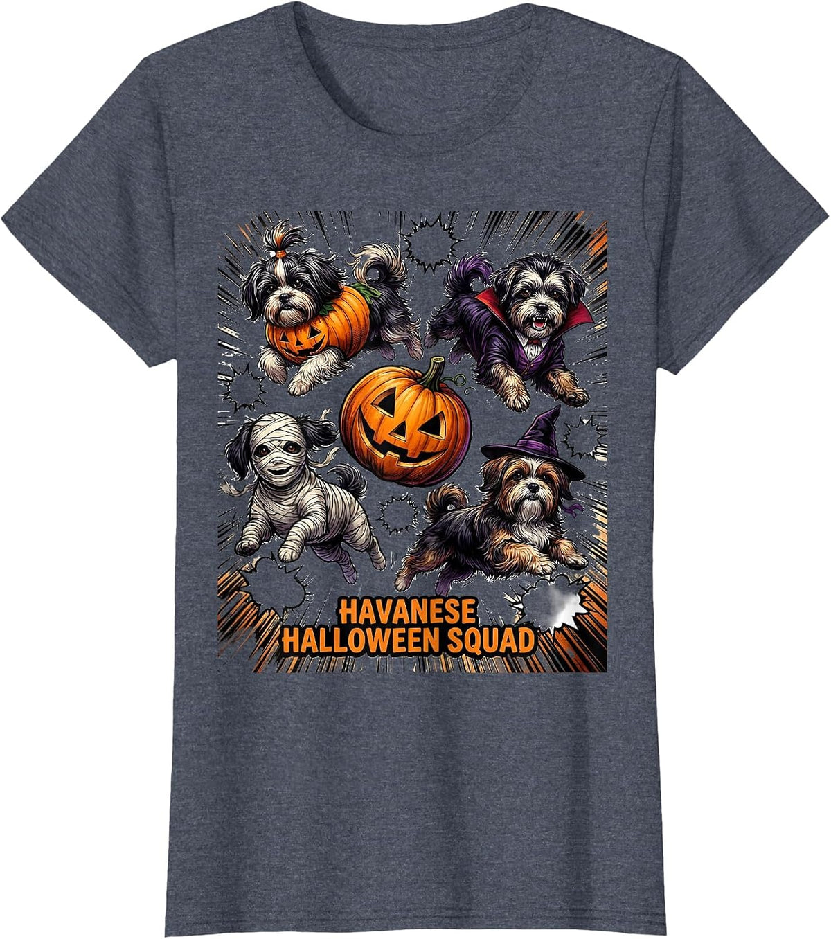 Havanese Halloween Squad Comic Book Dog Breed Costume T-Shirt, Women, Heather Blue, X-Small - As Pictured