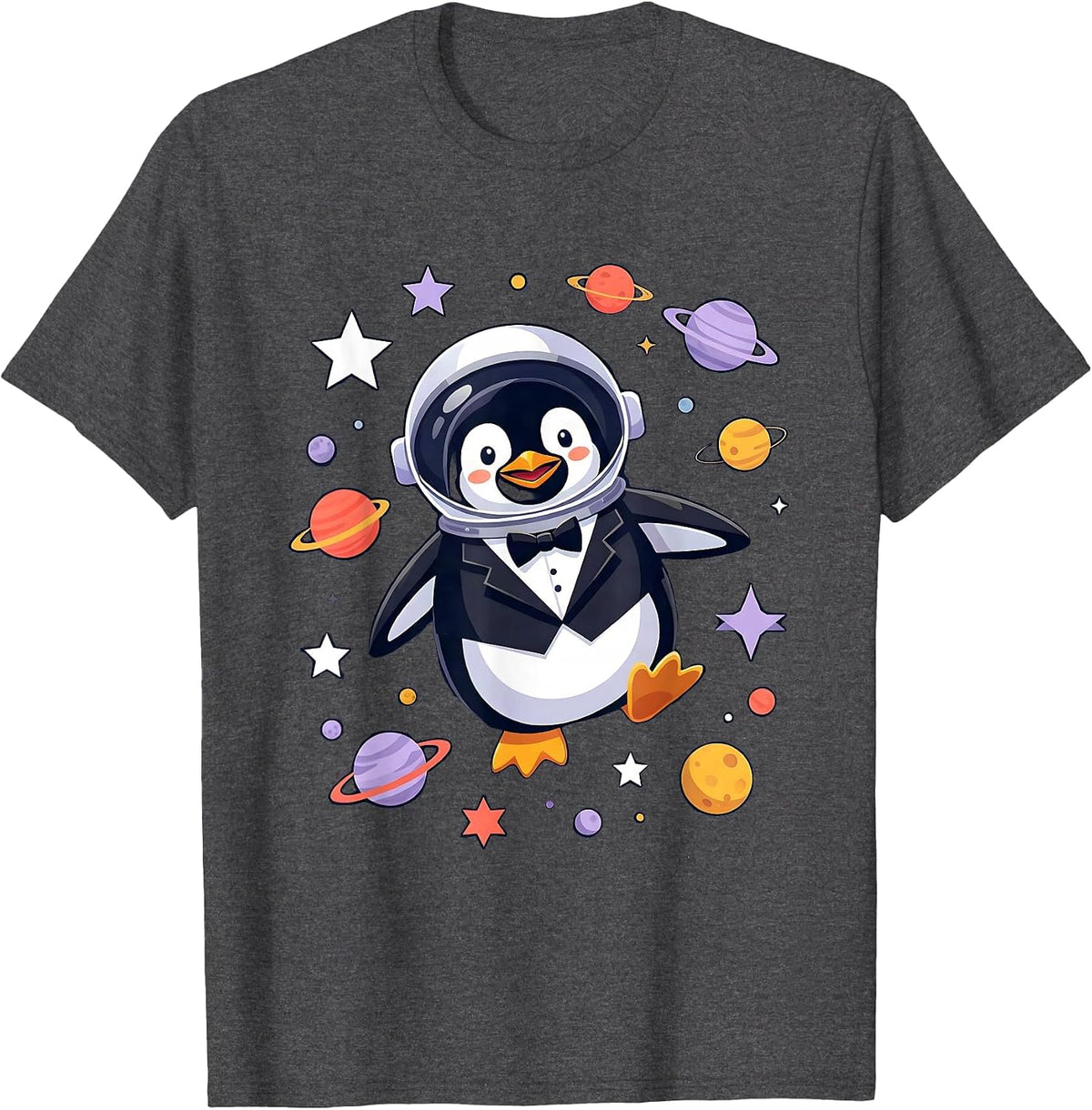 Men's Penguin Astronaut Floating in Outer Space T-Shirt - Dark Heather Grey