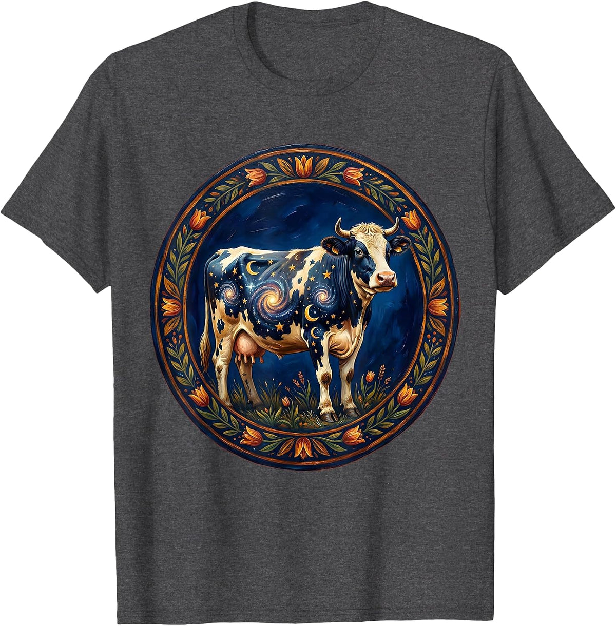 Men's Cosmic Cow Galaxy Pattern Illustration T-Shirt - Dark Heather Grey