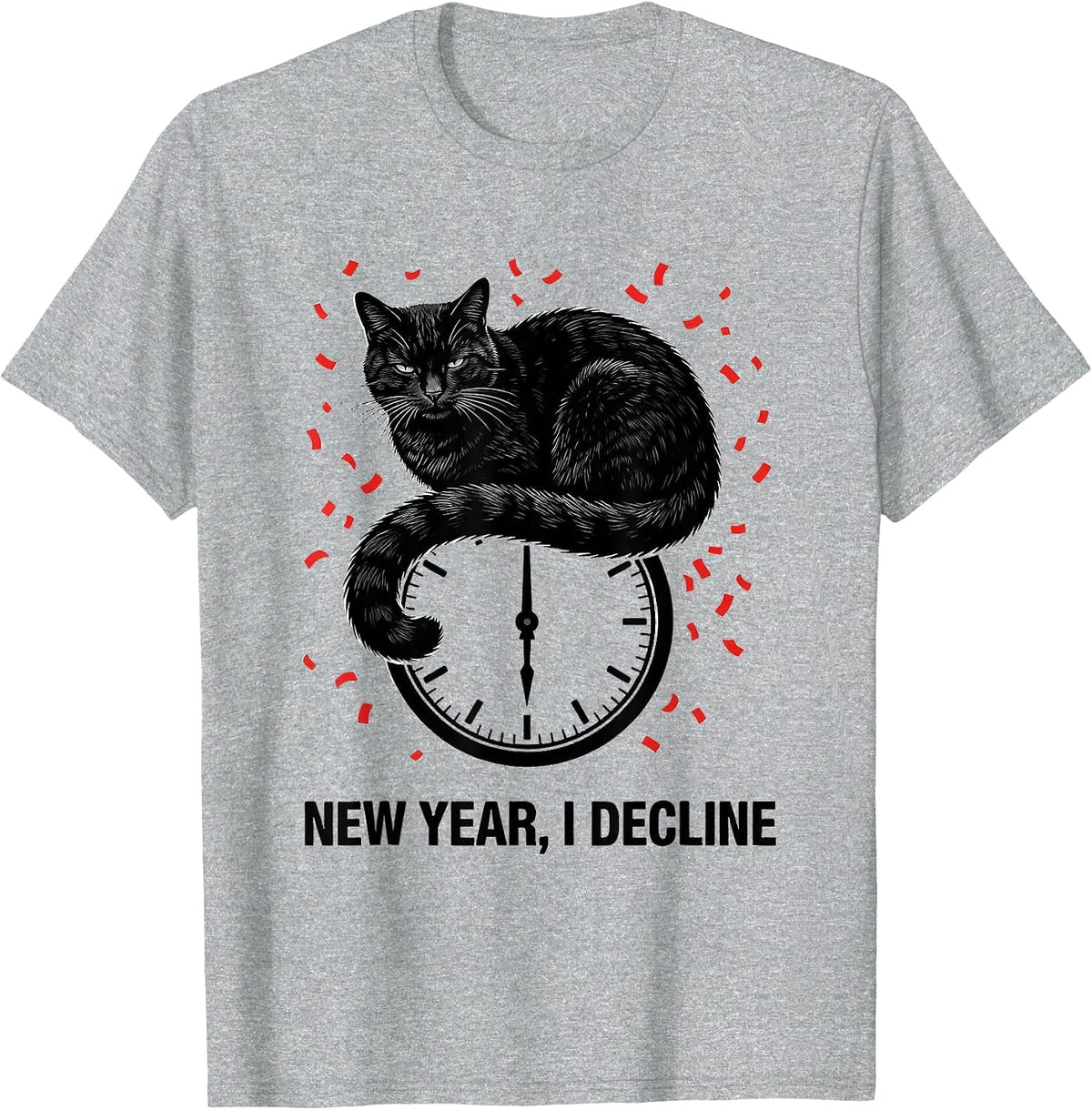 Men's New Year, I Decline Funny Cat Humor Stencil Graphic T-Shirt - Heather Grey