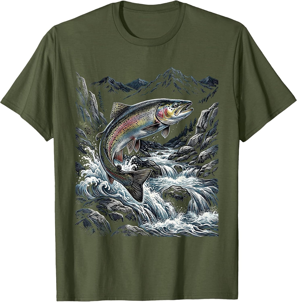 Men's Trout Upstream Mountain Rapids Fishing Graphic T-Shirt - Olive Green